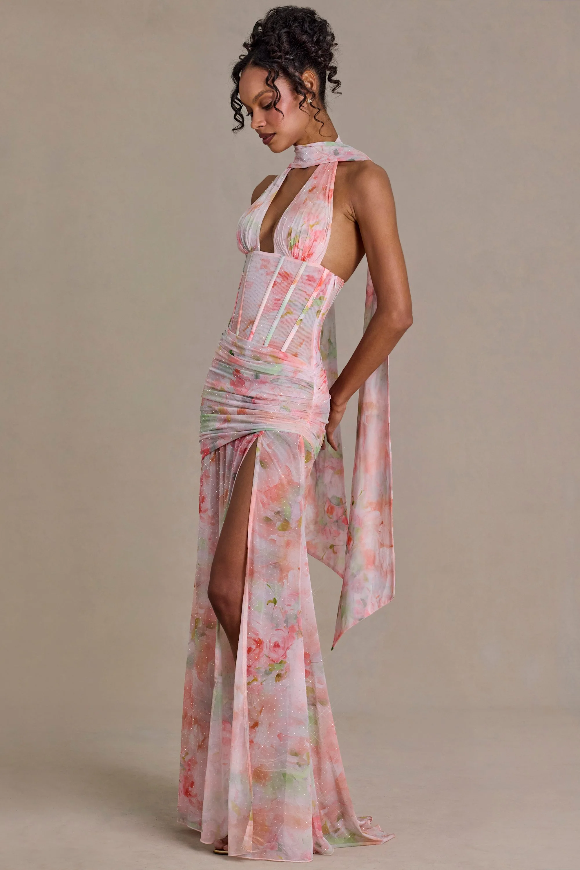 Embellished Scarf-Detail Maxi Dress in Pink Floral Print - Image 7