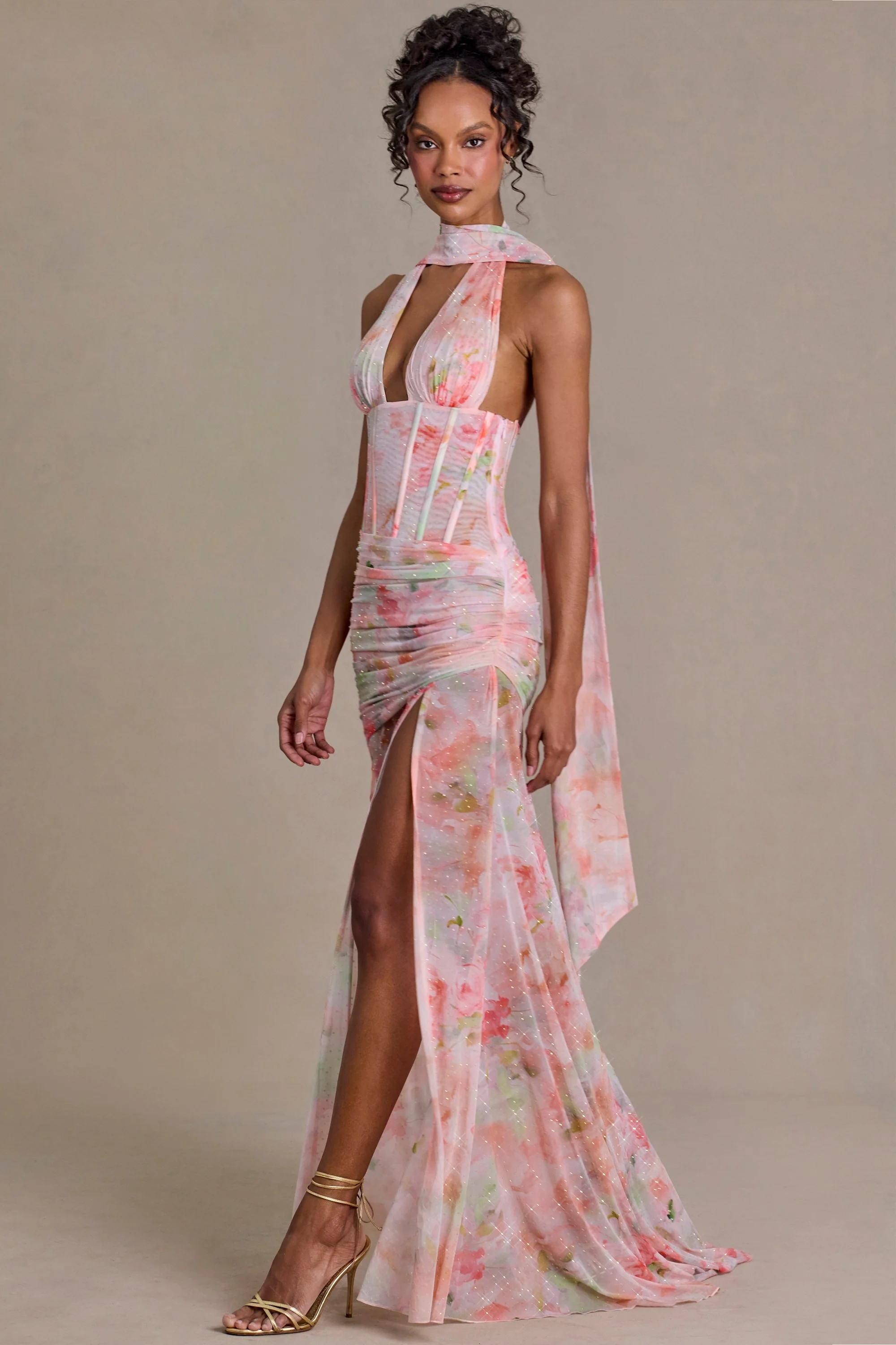 Embellished Scarf-Detail Maxi Dress in Pink Floral Print - Image 8