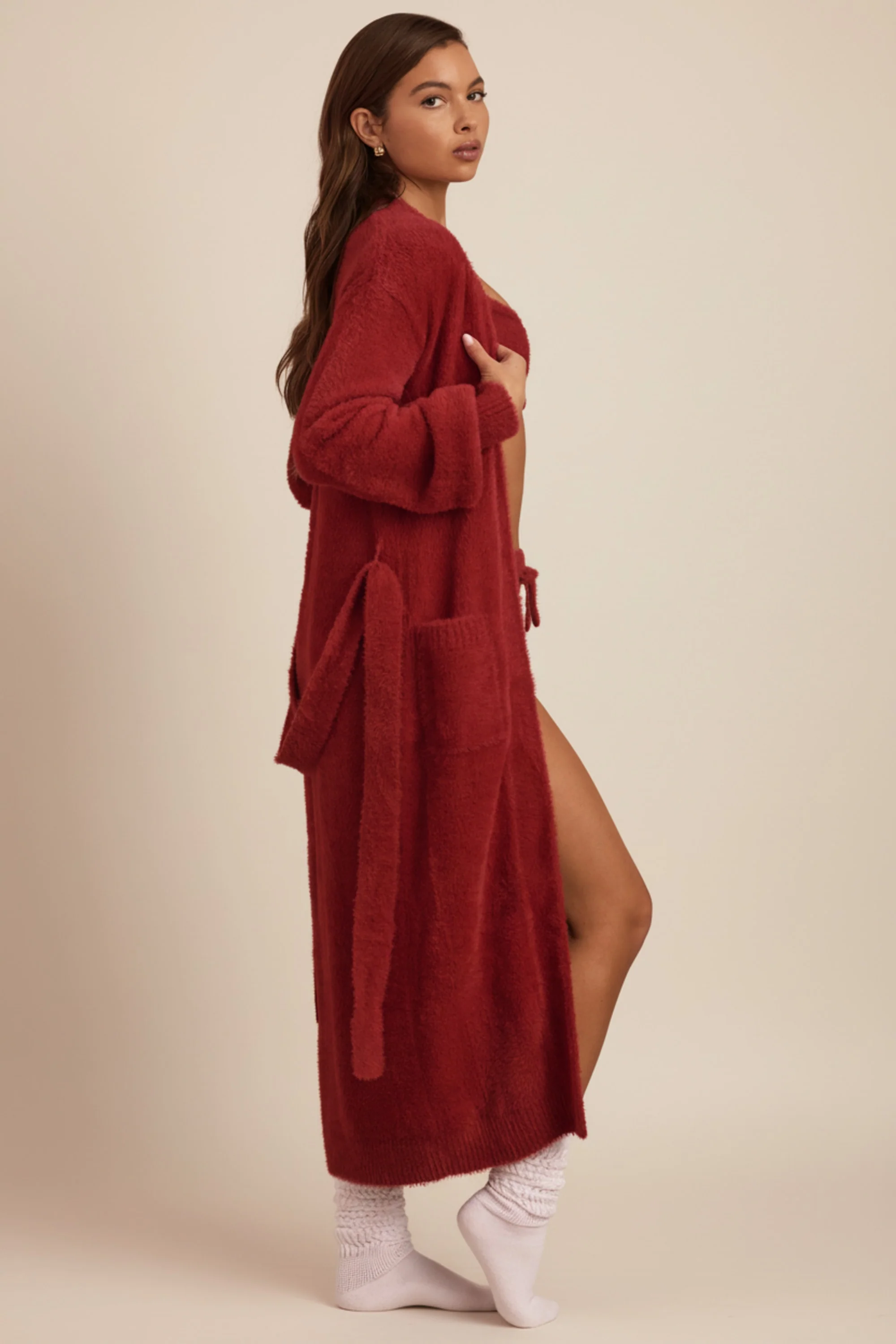 Fluffy Knit Longline Cardigan in Ruby Red - Image 3