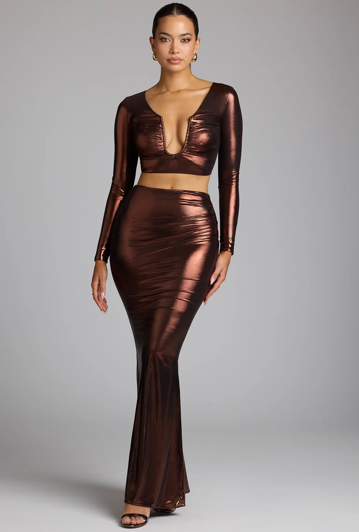 Plunge Neck Metallic Jersey Crop Top in Copper Bronze - Image 11