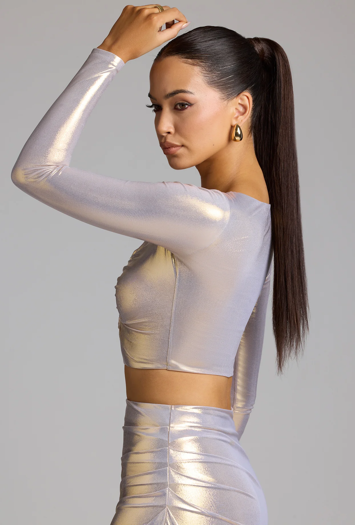 Plunge Neck Metallic Jersey Crop Top in Light Gold - Image 3