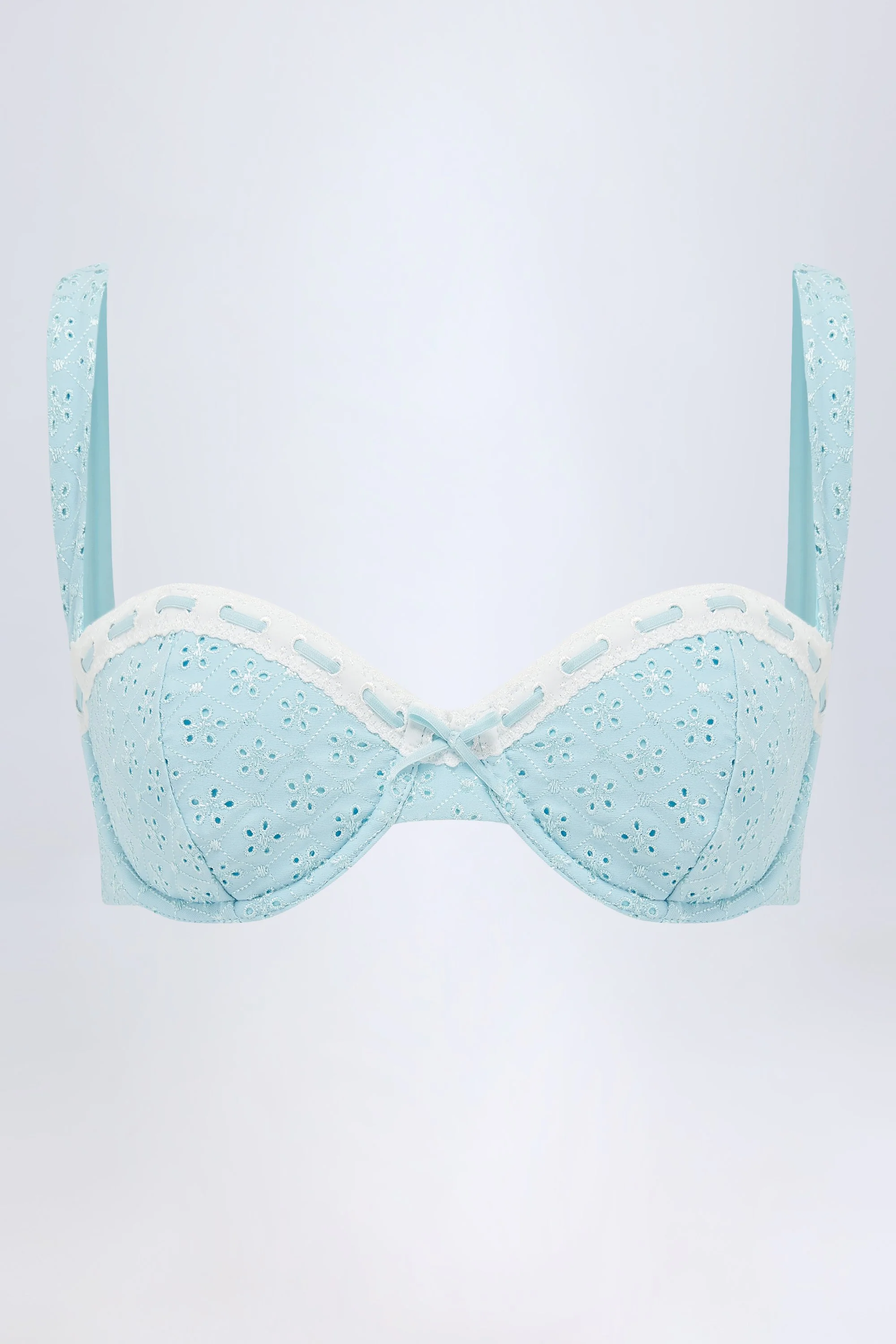 Broderie Anglaise Underwired Balconette Bikini Top in Powder Blue - Image 2