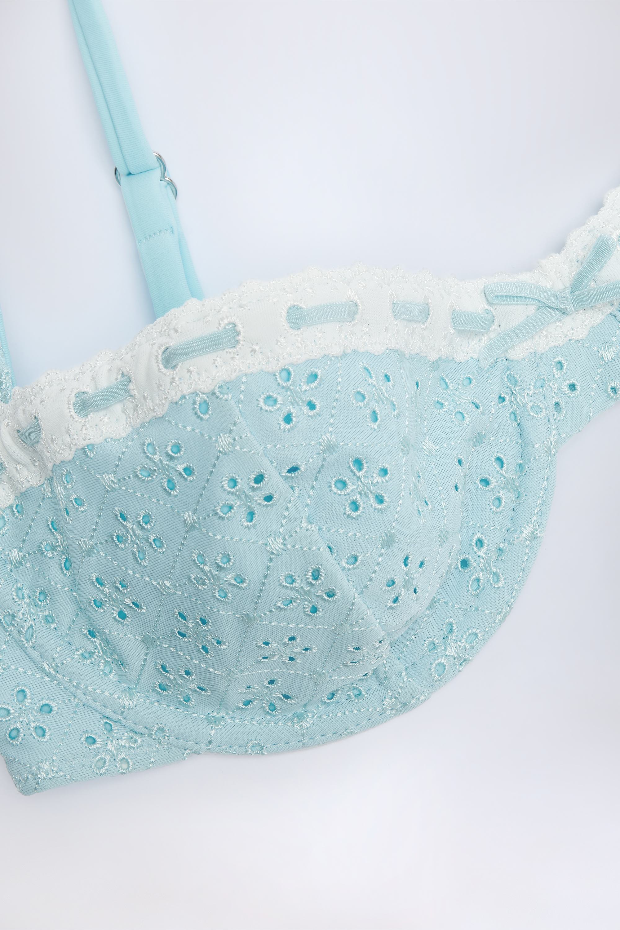 Broderie Anglaise Underwired Balconette Bikini Top in Powder Blue - Image 4