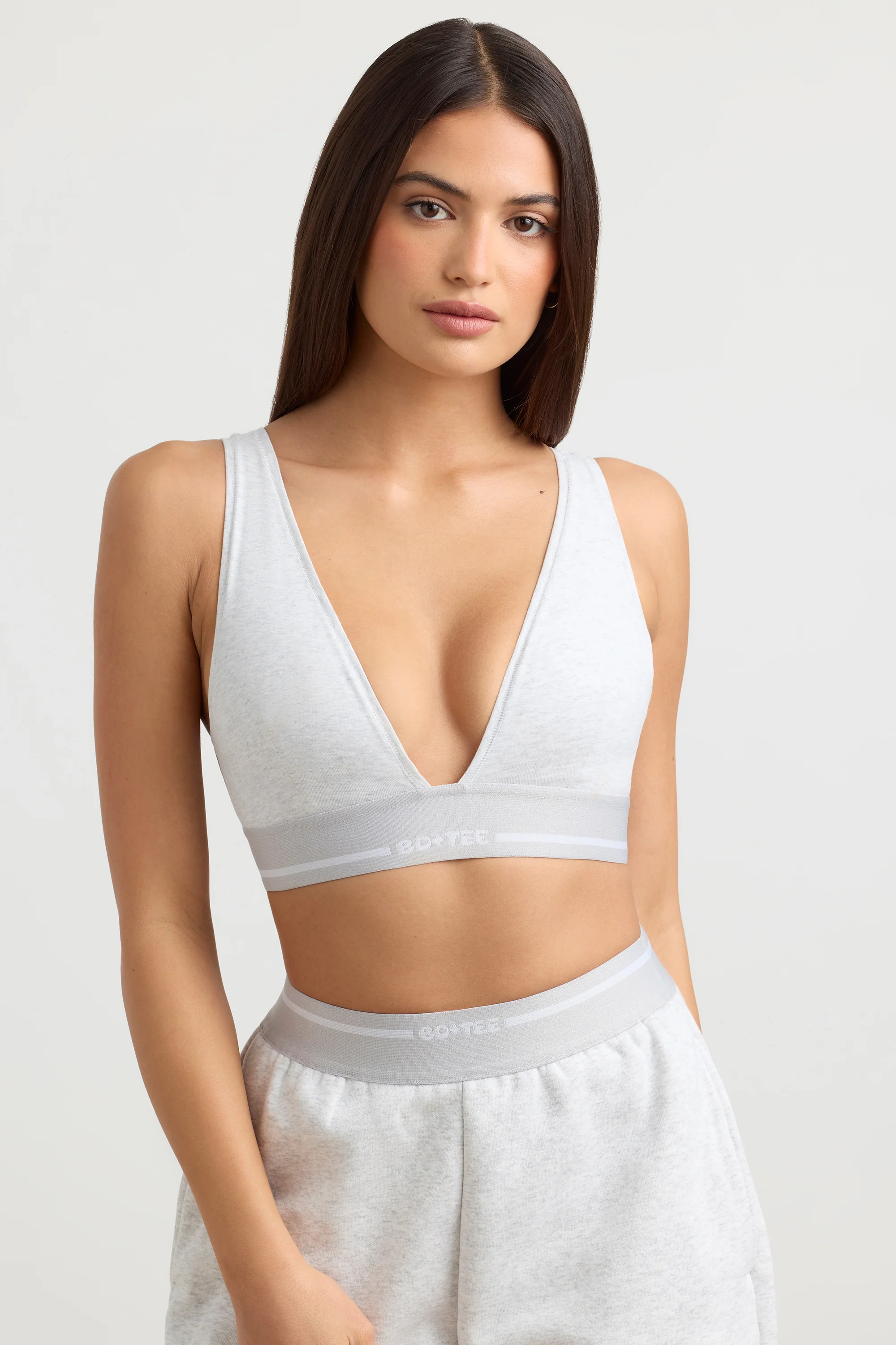 Stretch Cotton Jersey Plunge-Neck Crop Top in Grey Marl - Image 6