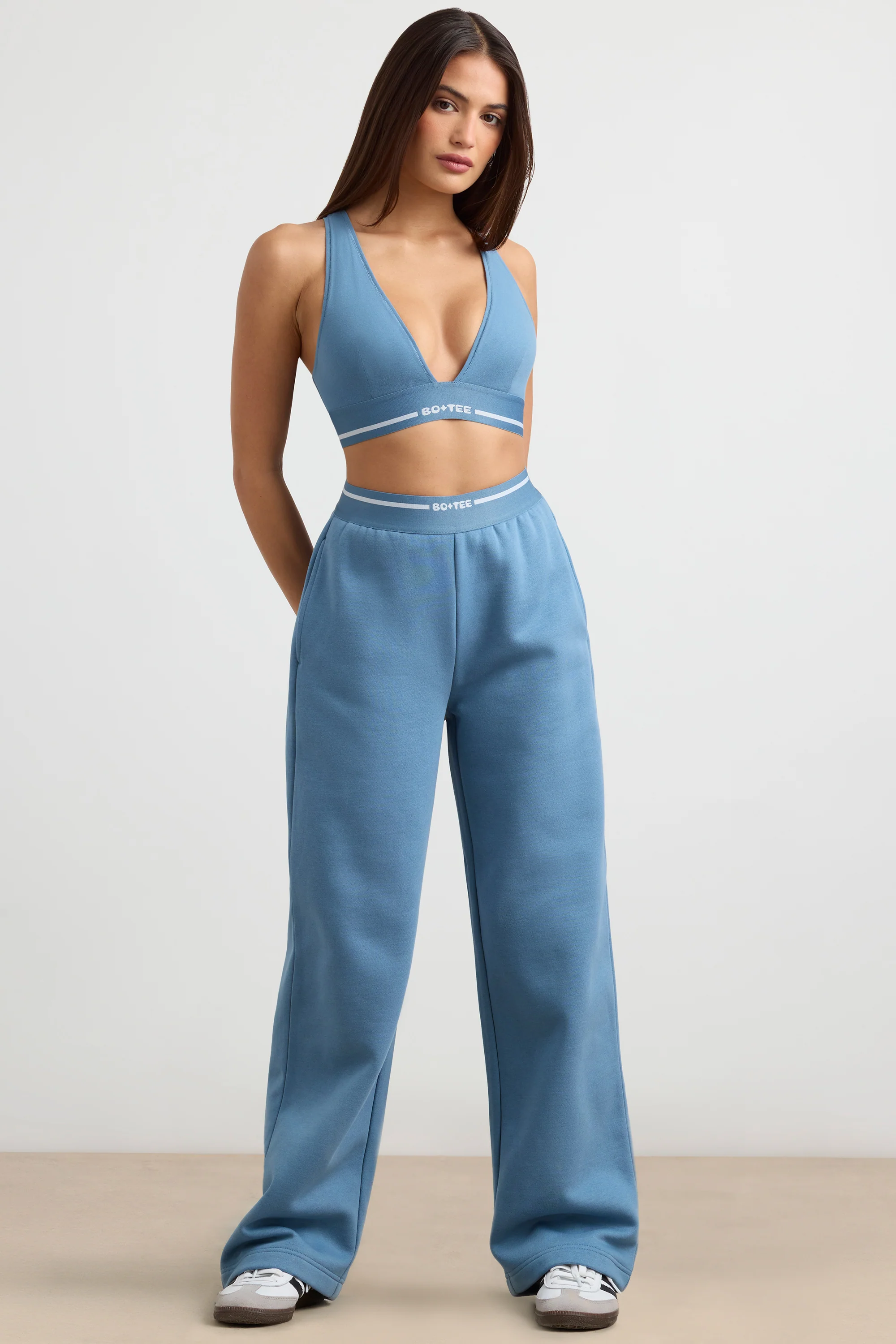 Stretch Cotton Jersey Plunge-Neck Crop Top in Steel Blue - Image 5