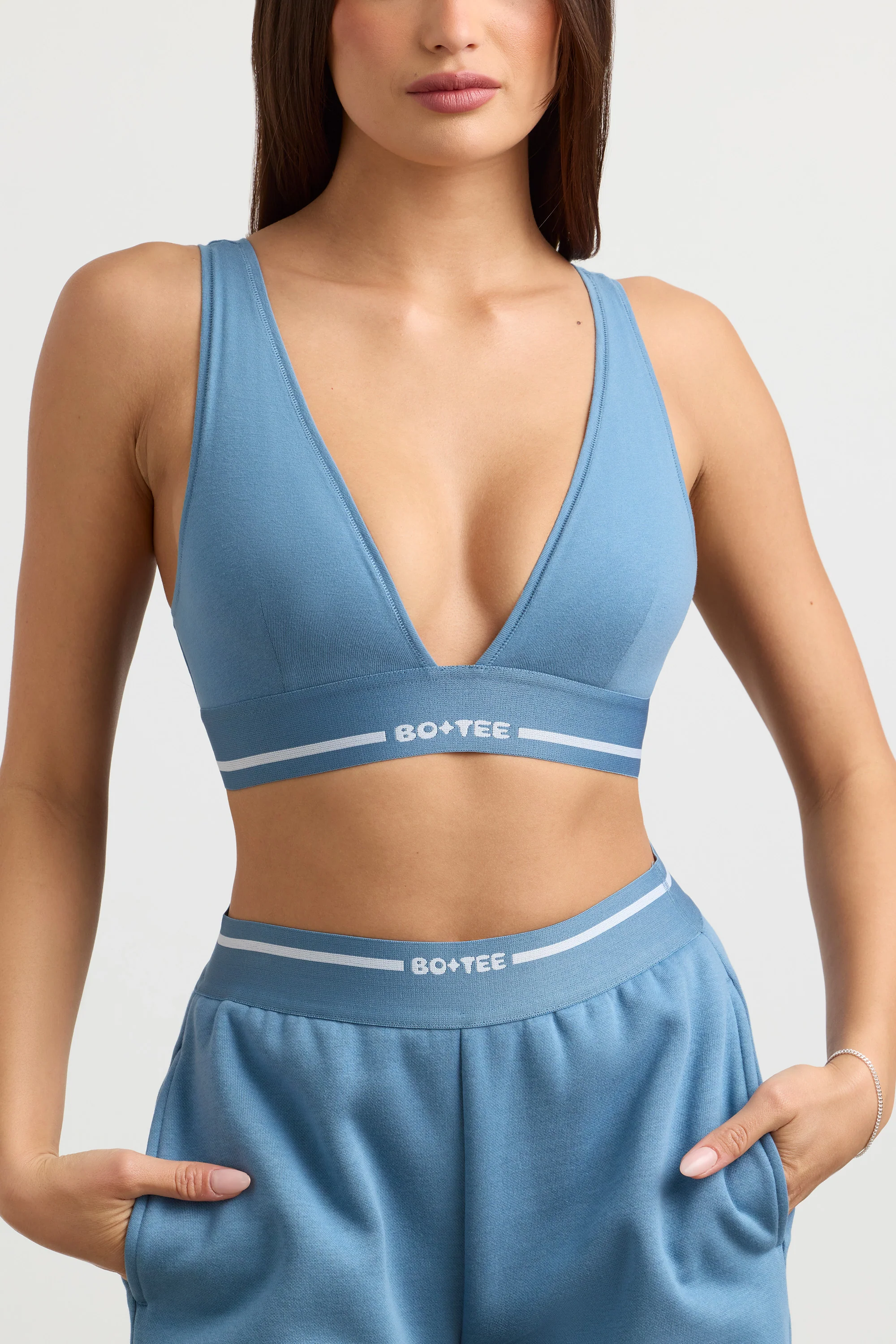 Stretch Cotton Jersey Plunge-Neck Crop Top in Steel Blue - Image 7