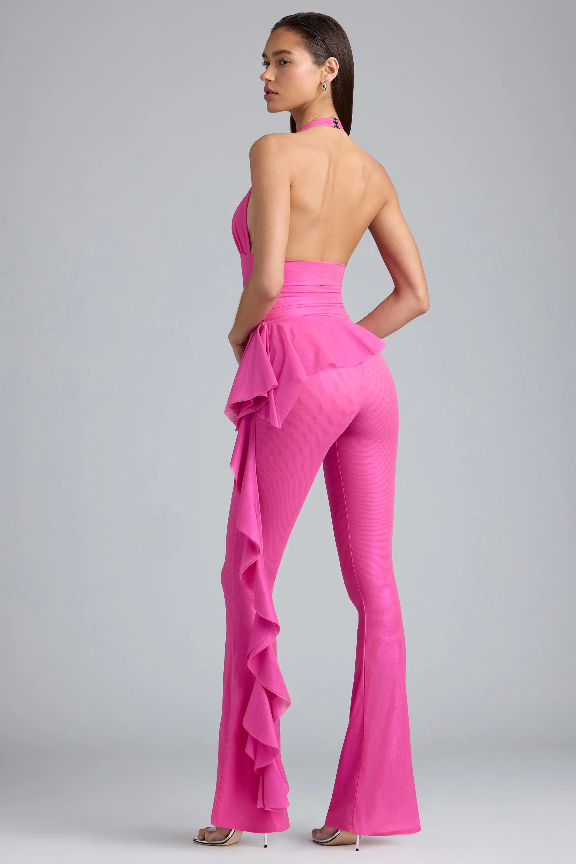 Metallic Ruffle Low-Rise Flared Trousers in Bubblegum Pink - Image 2