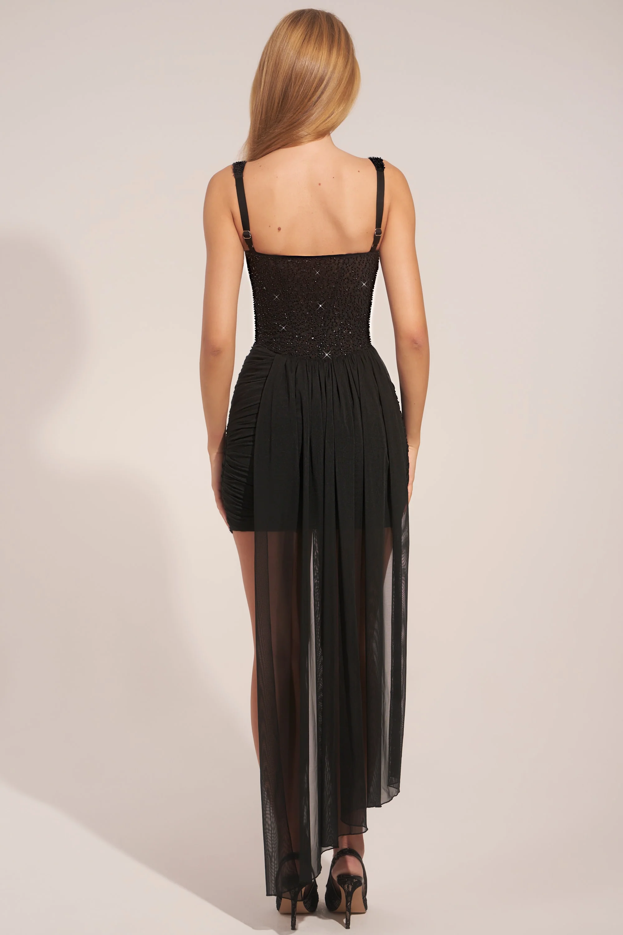 Corseted Draped Mini Dress in Black - Image 6