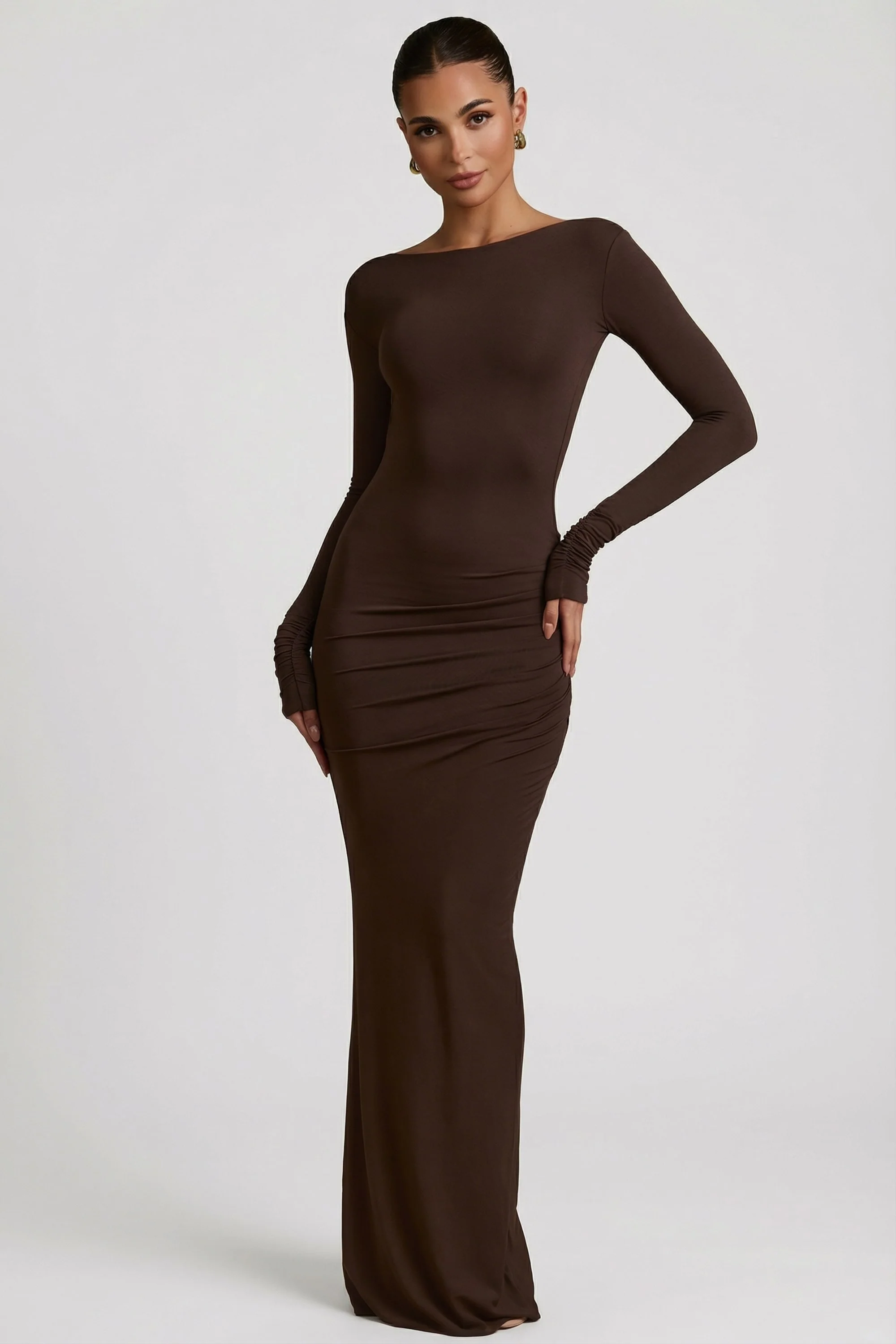 Modal Ruched Backless Maxi Dress in Chocolate Brown - Image 2