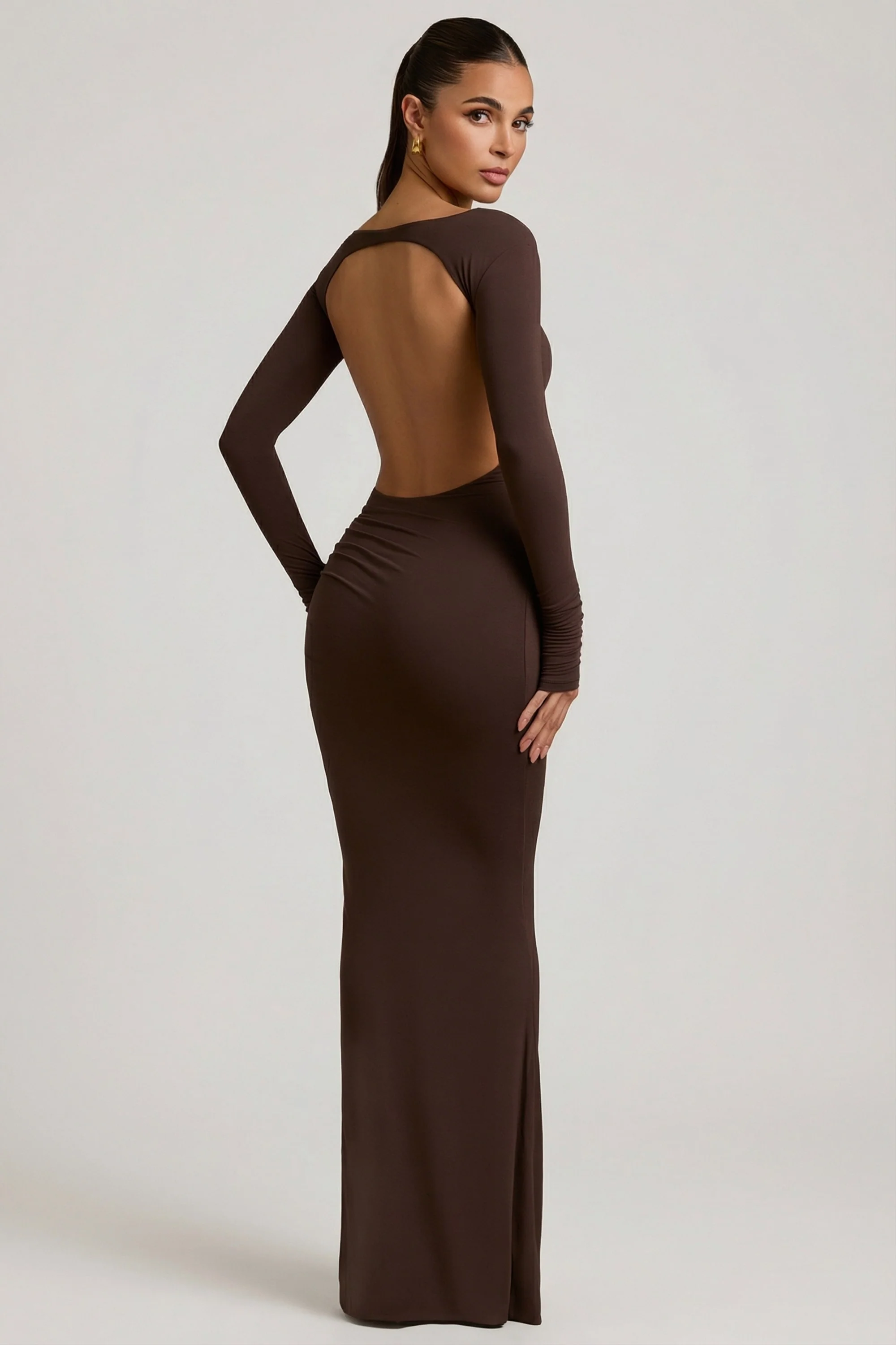 Modal Ruched Backless Maxi Dress in Chocolate Brown - Image 6
