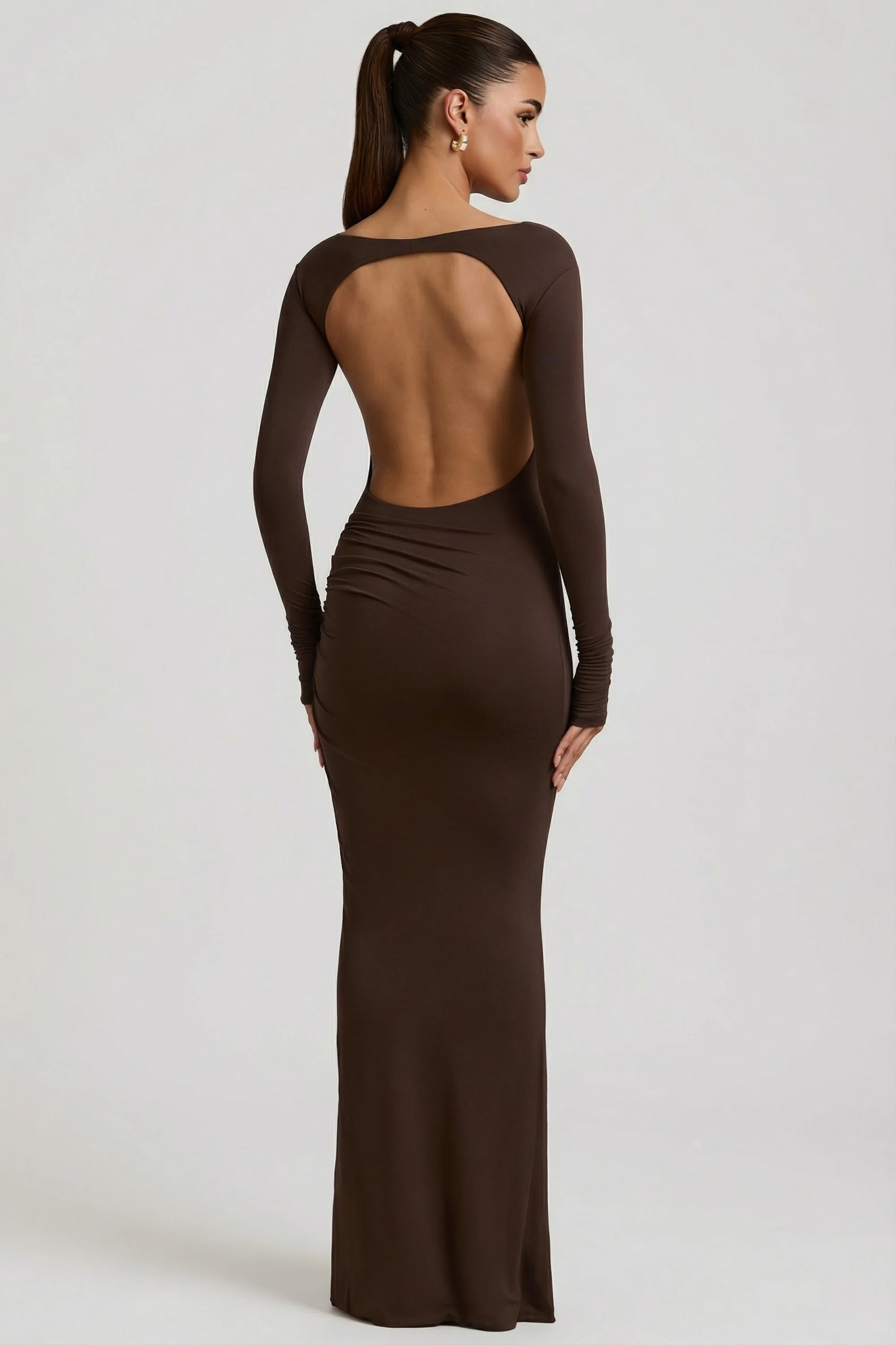 Modal Ruched Backless Maxi Dress in Chocolate Brown - Image 8