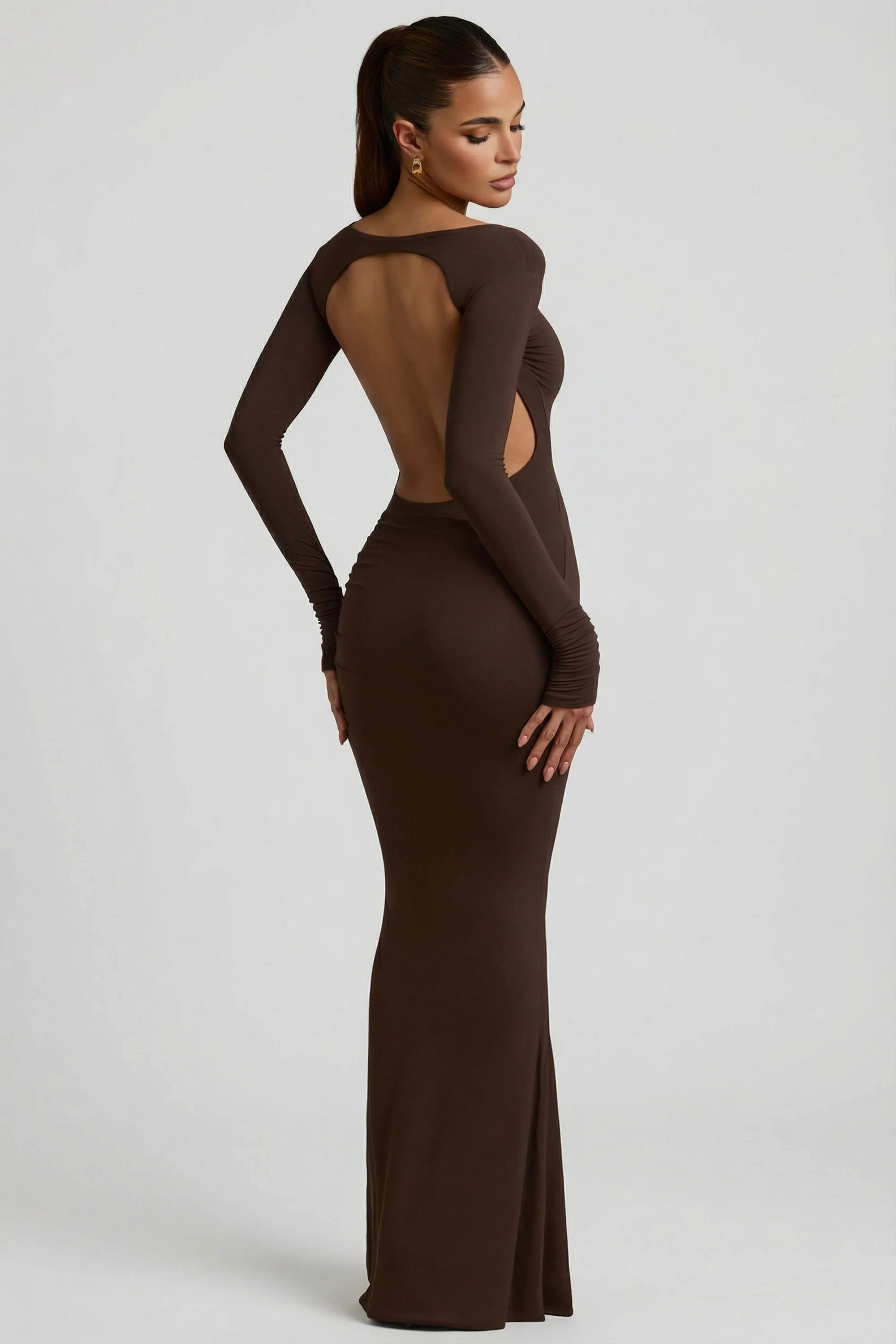 Modal Ruched Backless Maxi Dress in Chocolate Brown - Image 9