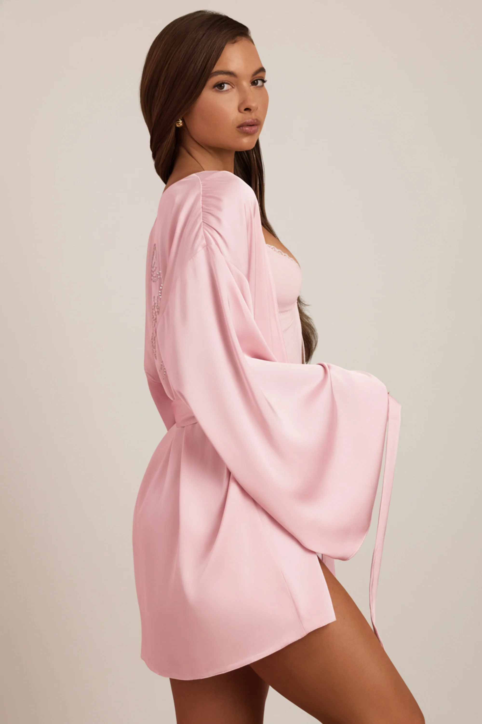 Embellished Wrap-Over Robe in Baby Pink - Image 3
