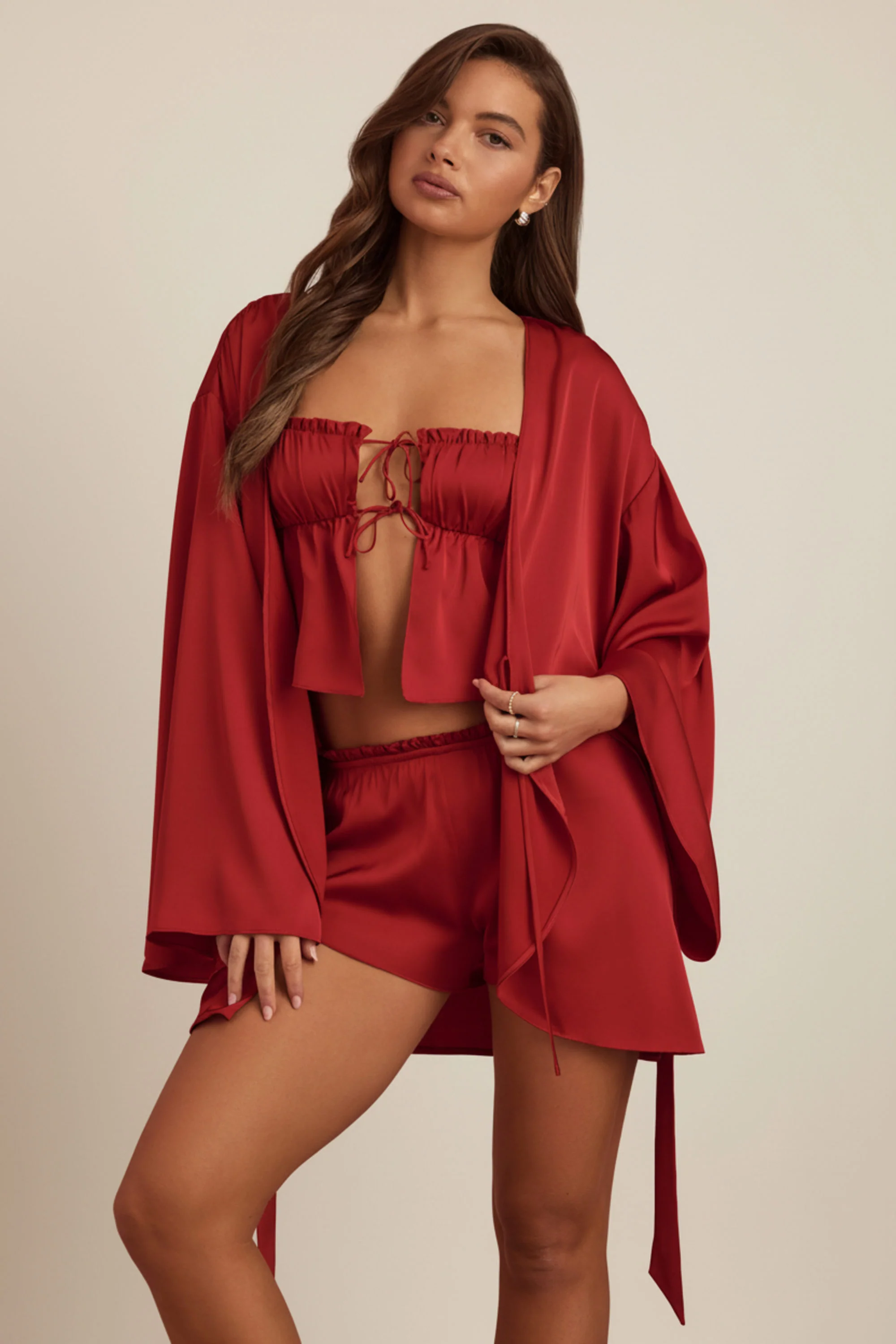 Embellished Loose-Fit Wrap-Over Robe in Ruby Red - Image 6