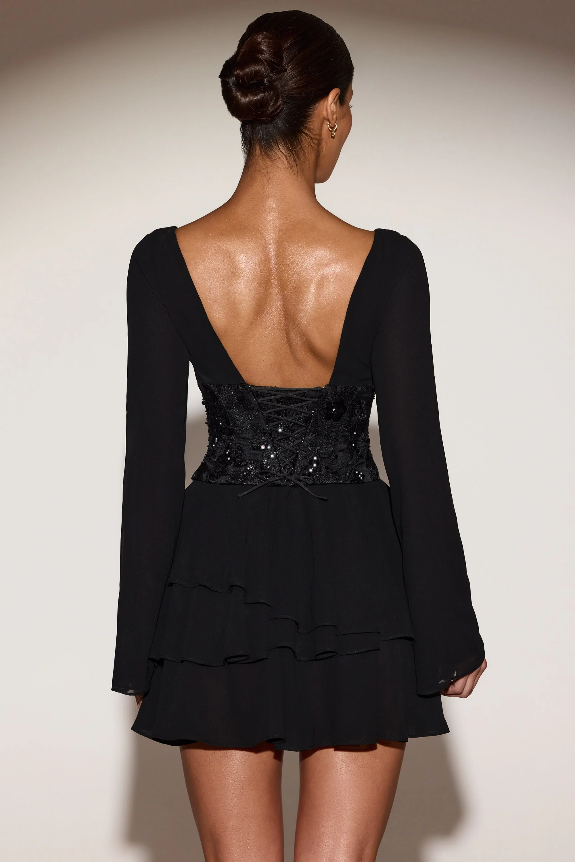 Chiffon Embellished Corset A-line Mini Dress in Black - Image 2