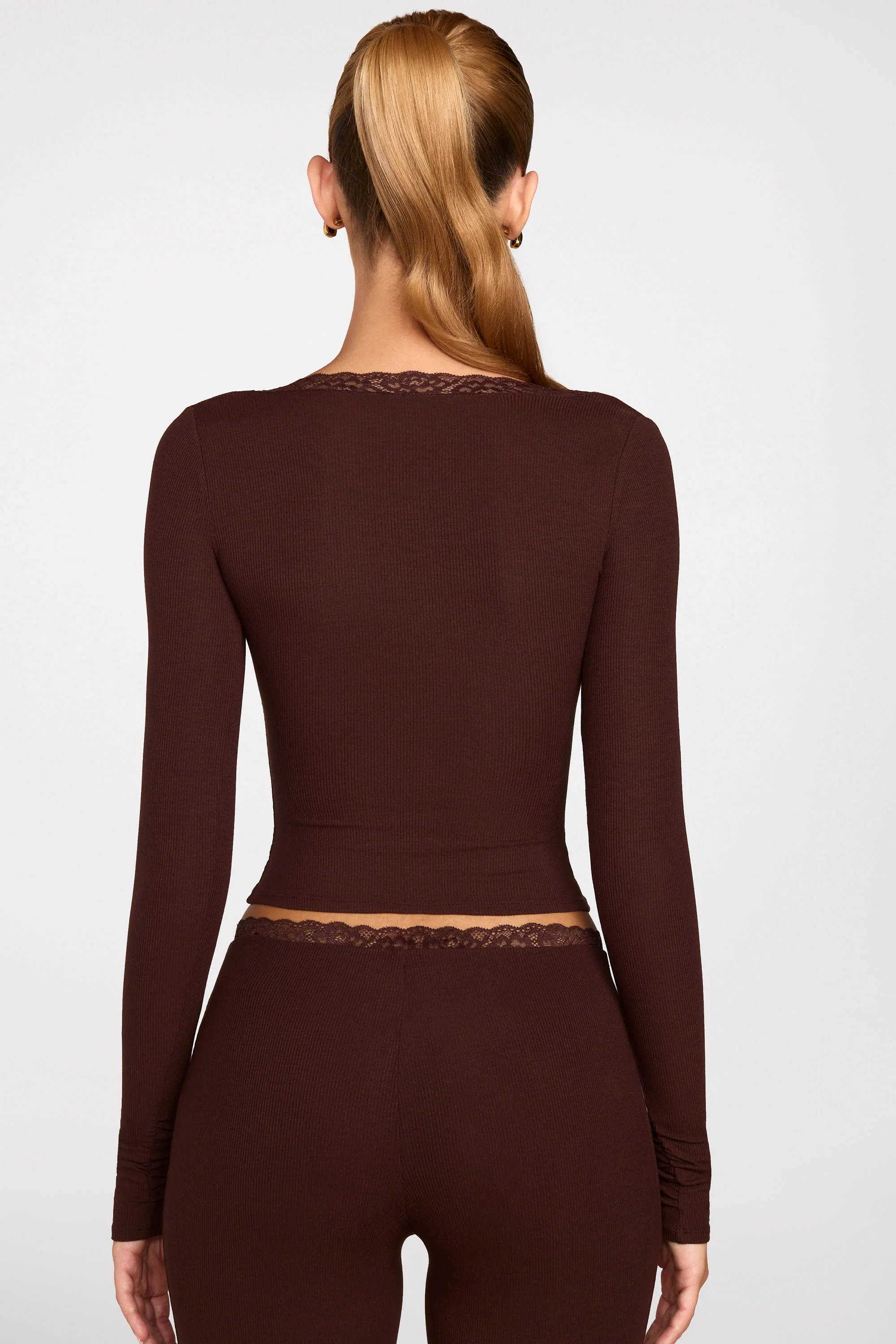 Ribbed Modal Square-Neck Long-Sleeve Top in Chocolate Brown - Image 3