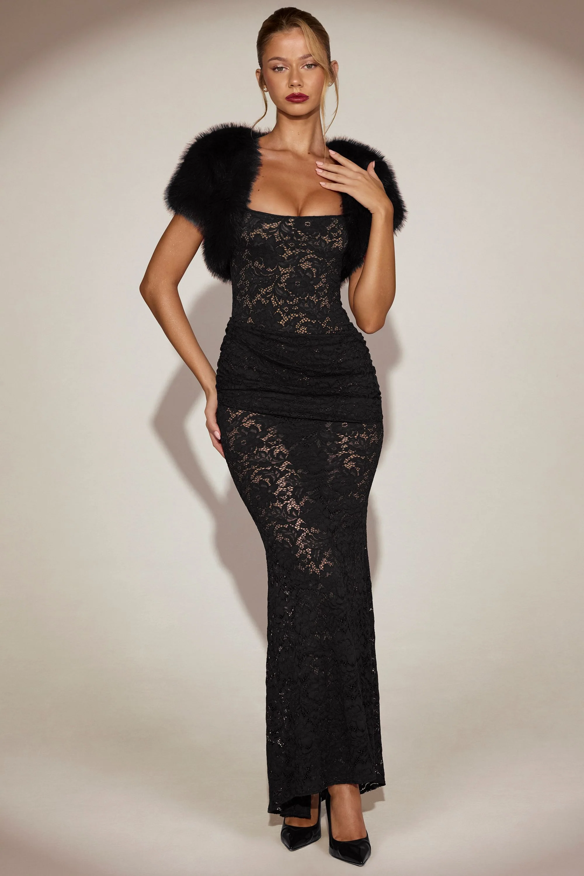Faux-Fur Short Sleeve Bolero in Black - Image 7