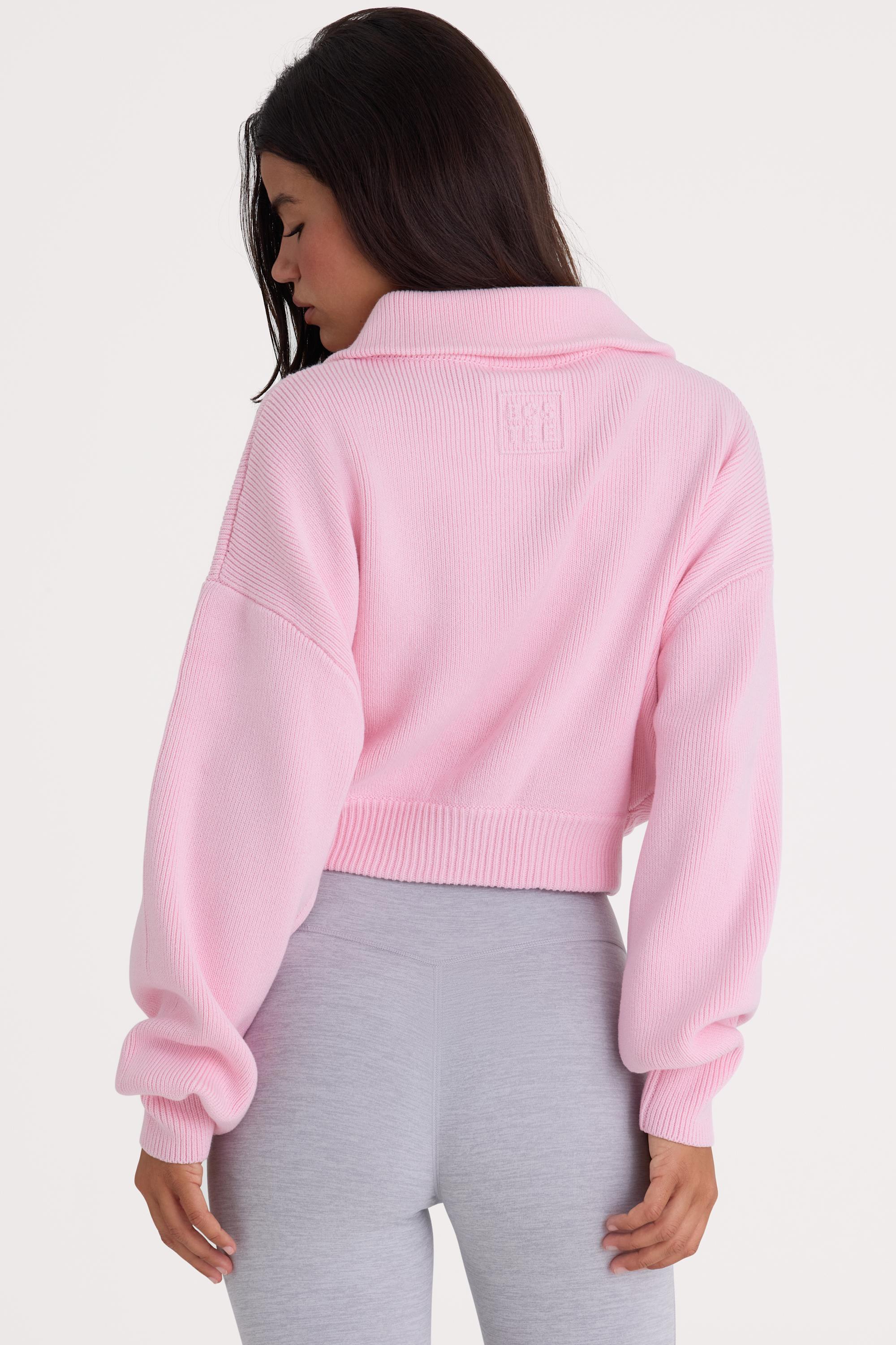 Ribbed Knit Zip-Up Cropped Sweatshirt in Pale Pink - Image 3