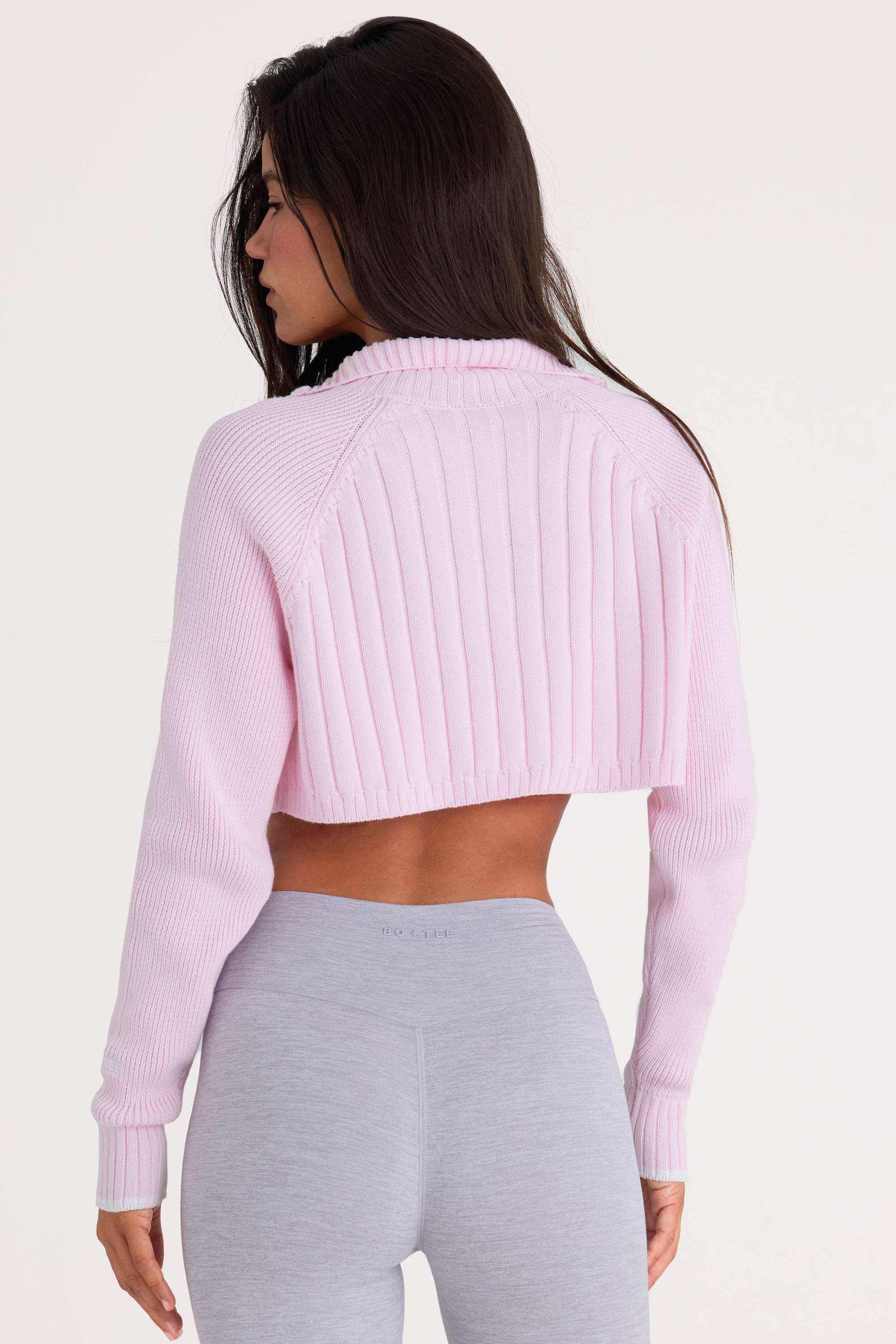 Ribbed Knit Quarter-Zip Cropped Jumper in Powder Pink - Image 2