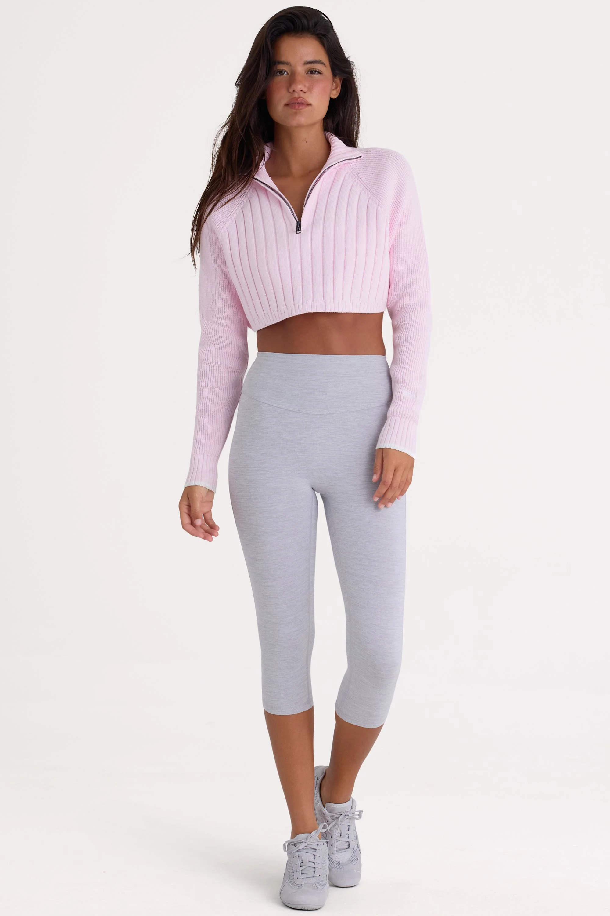 Ribbed Knit Quarter-Zip Cropped Jumper in Powder Pink - Image 4