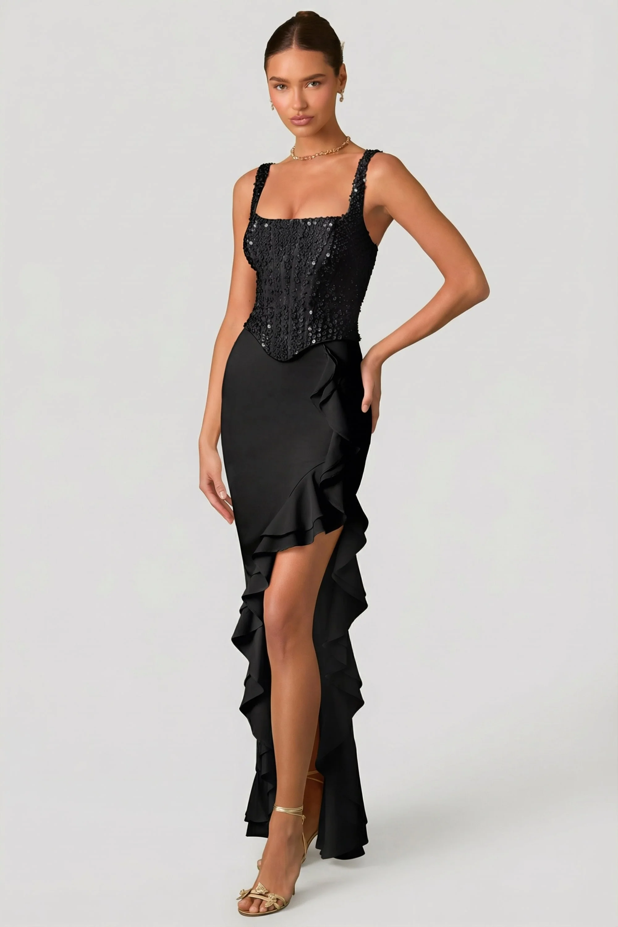 Embellished Ruffle-Trim Corset Gown in Black - Image 5