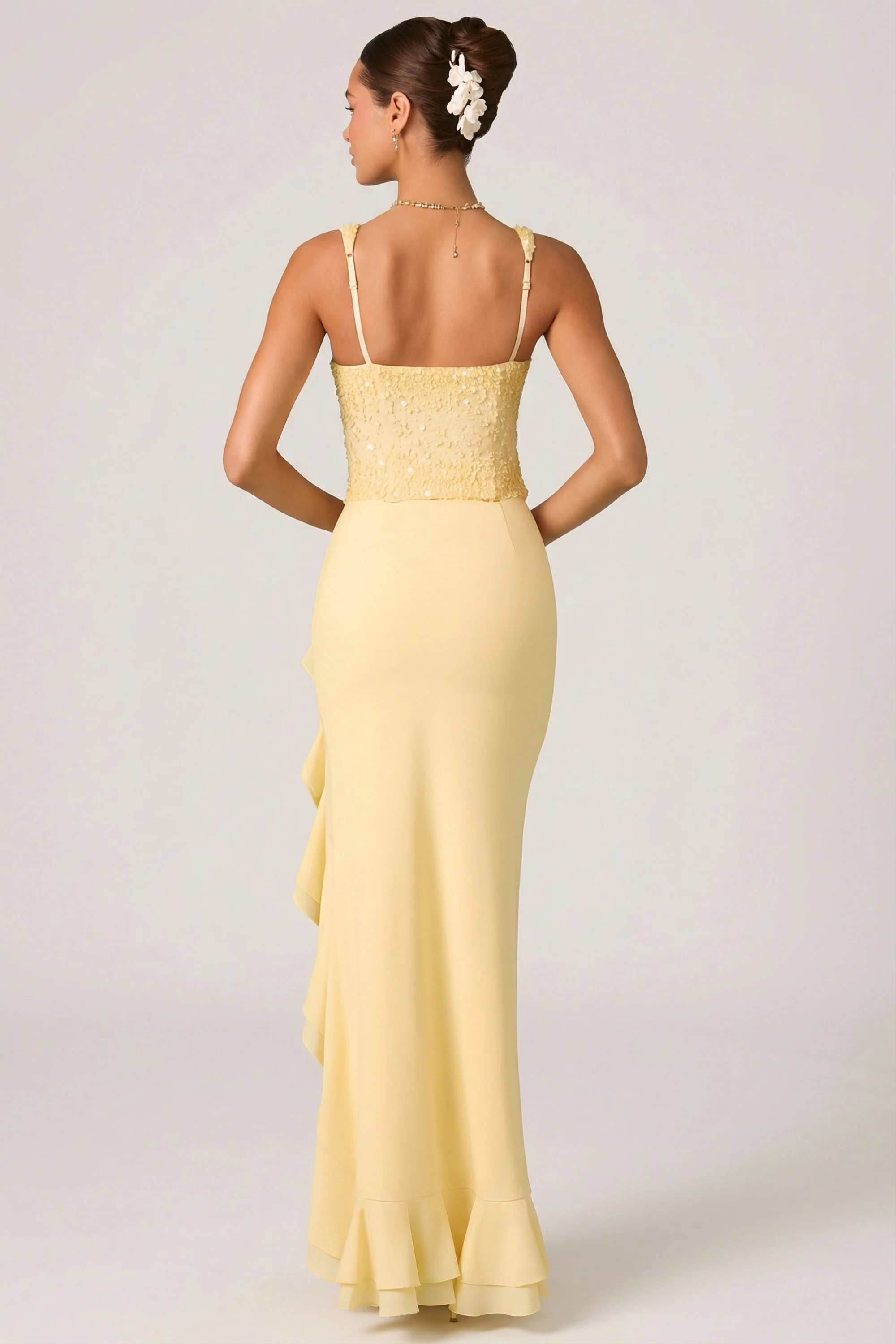 Embellished Ruffle-Trim Corset Gown in Yellow - Image 2