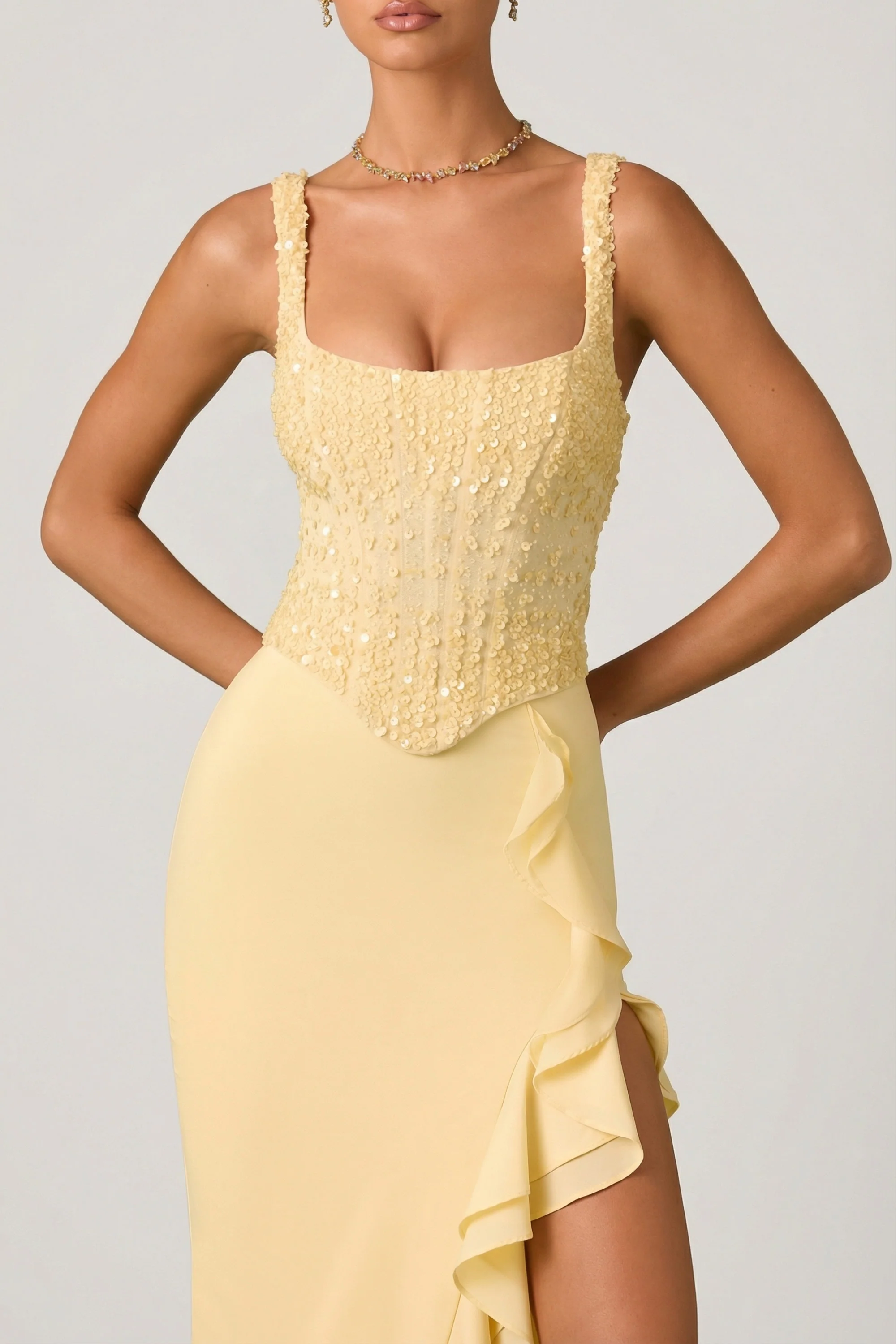 Embellished Ruffle-Trim Corset Gown in Yellow - Image 3