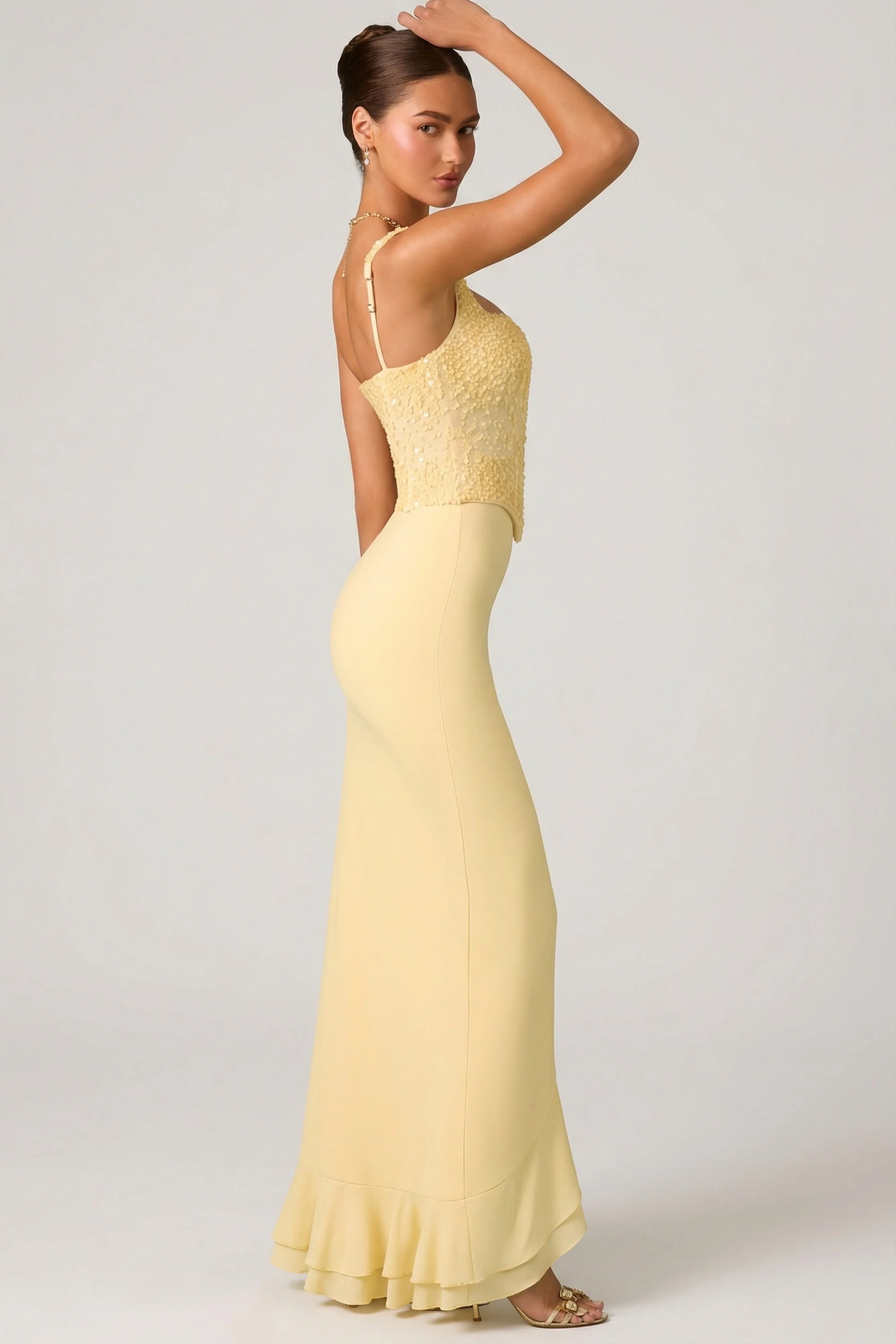 Embellished Ruffle-Trim Corset Gown in Yellow - Image 4