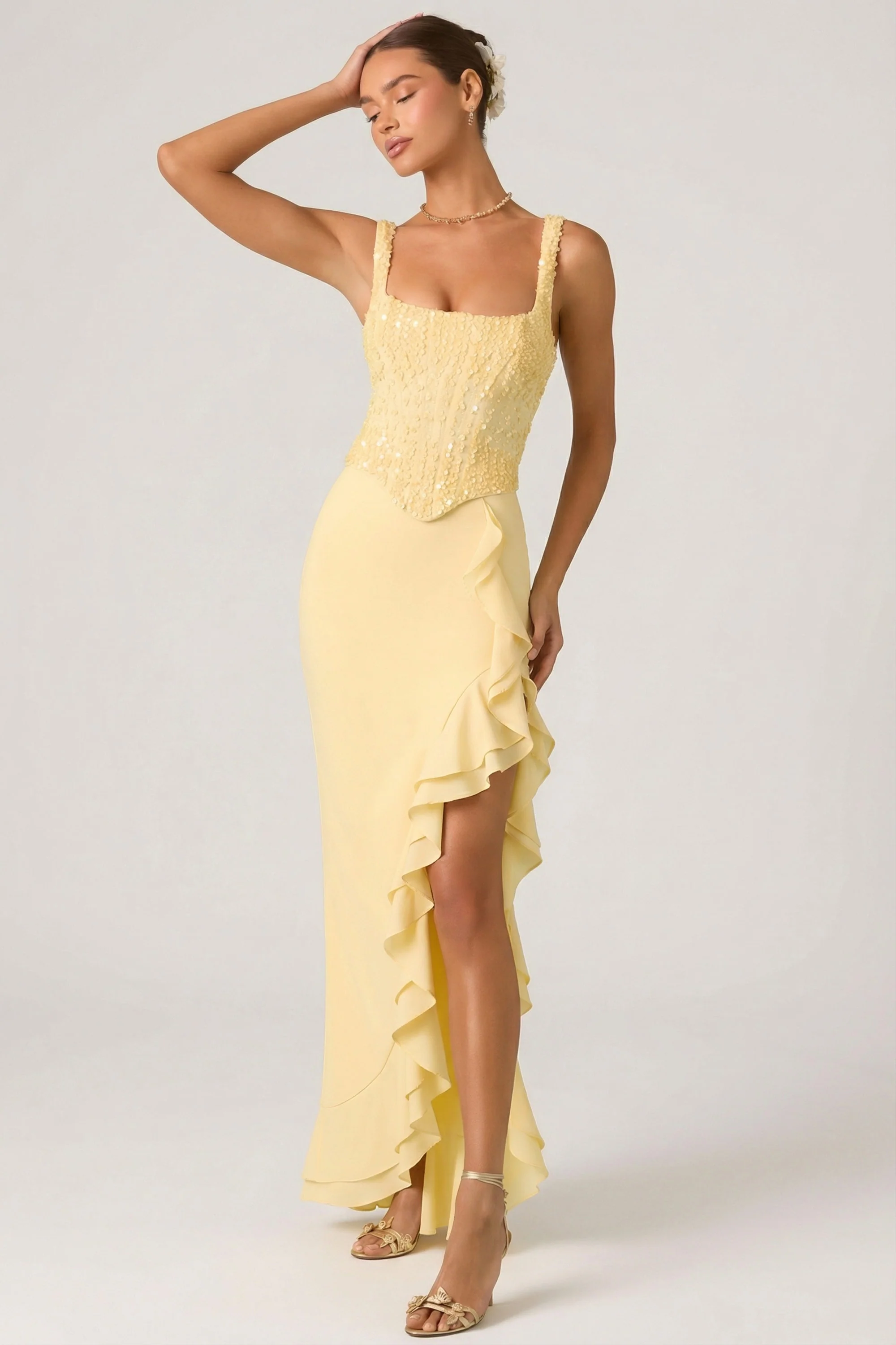 Embellished Ruffle-Trim Corset Gown in Yellow - Image 5