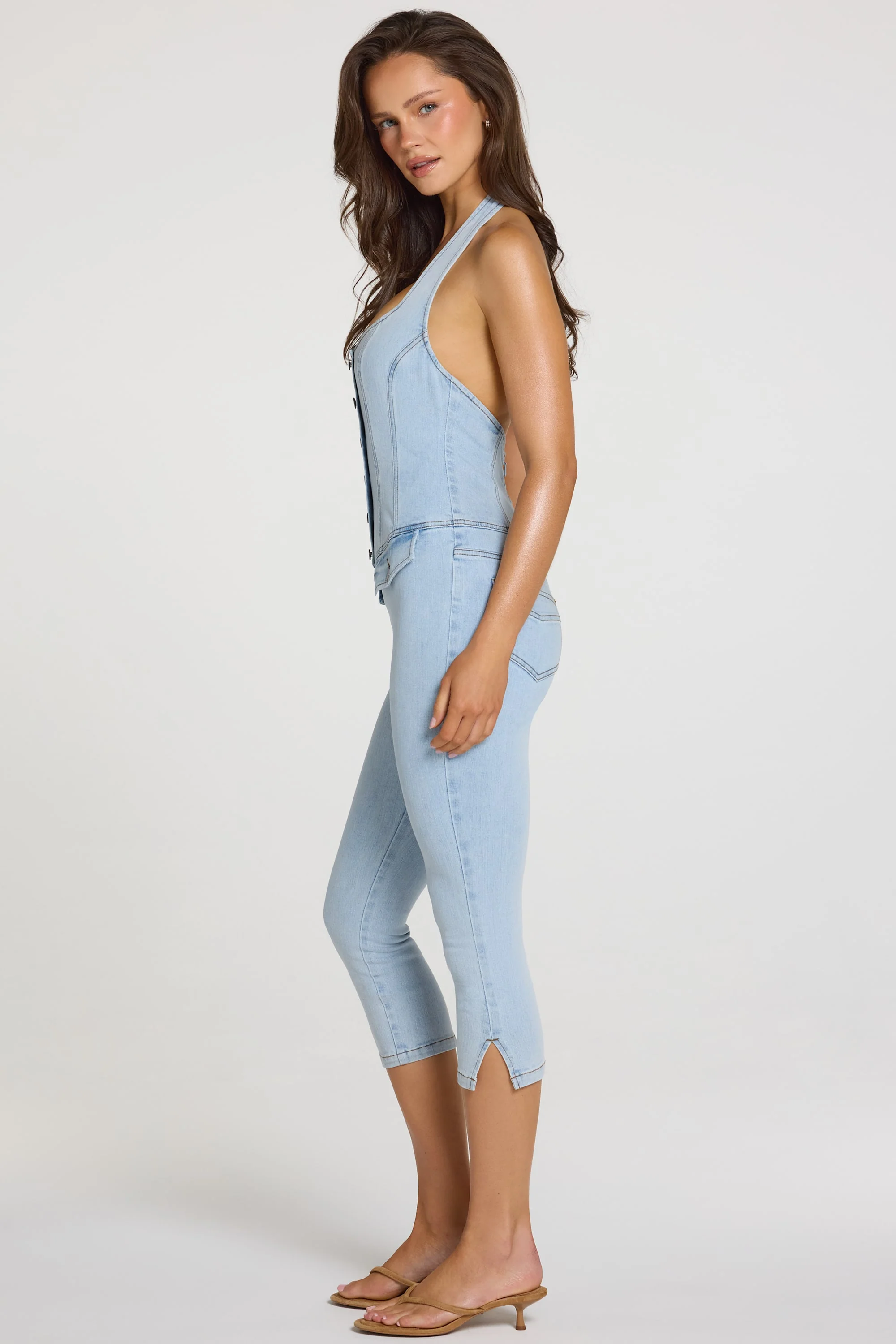 Denim Capri Jumpsuit  in Light Denim - Image 3