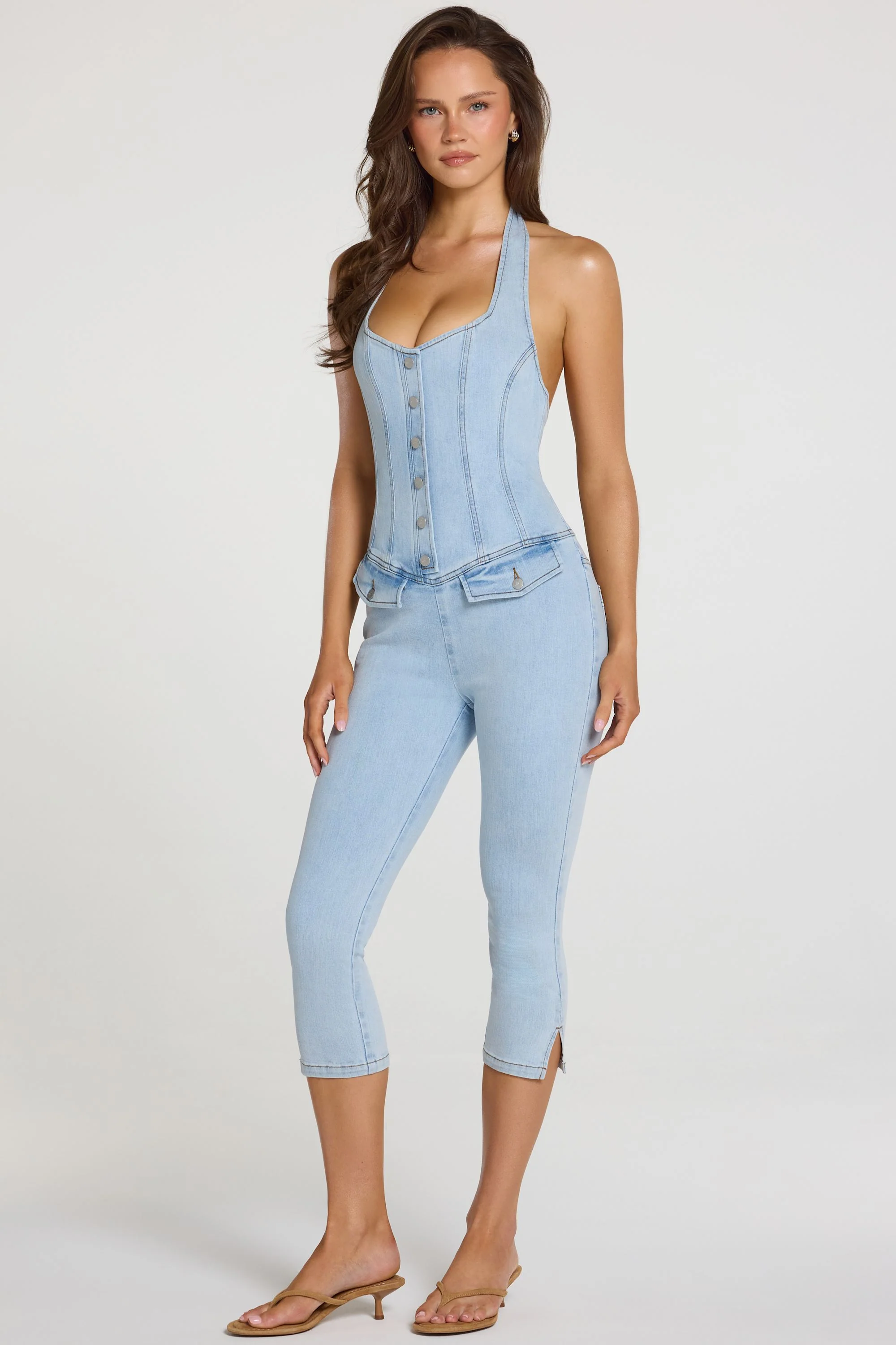 Denim Capri Jumpsuit  in Light Denim - Image 7