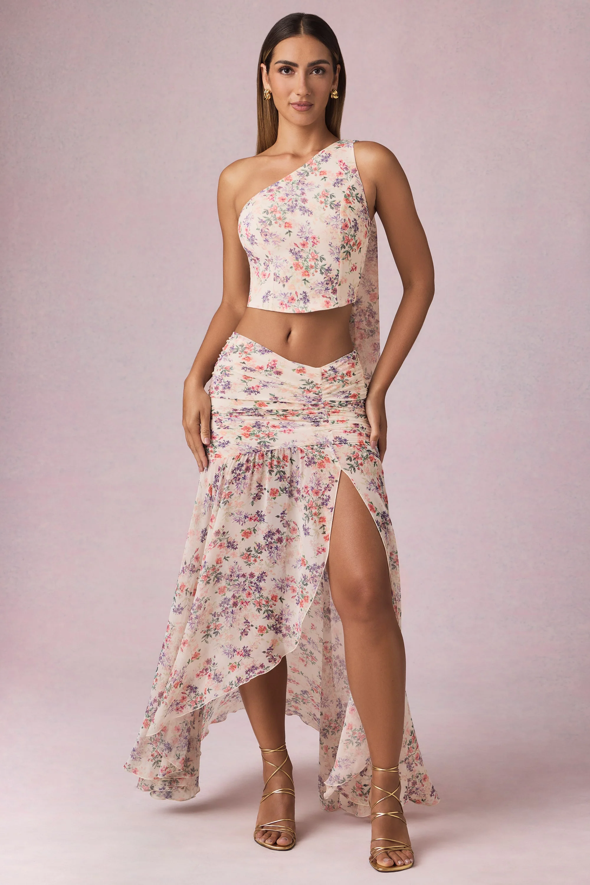 Asymmetric Ruched Maxi Skirt in Primrose Floral Print - Image 5