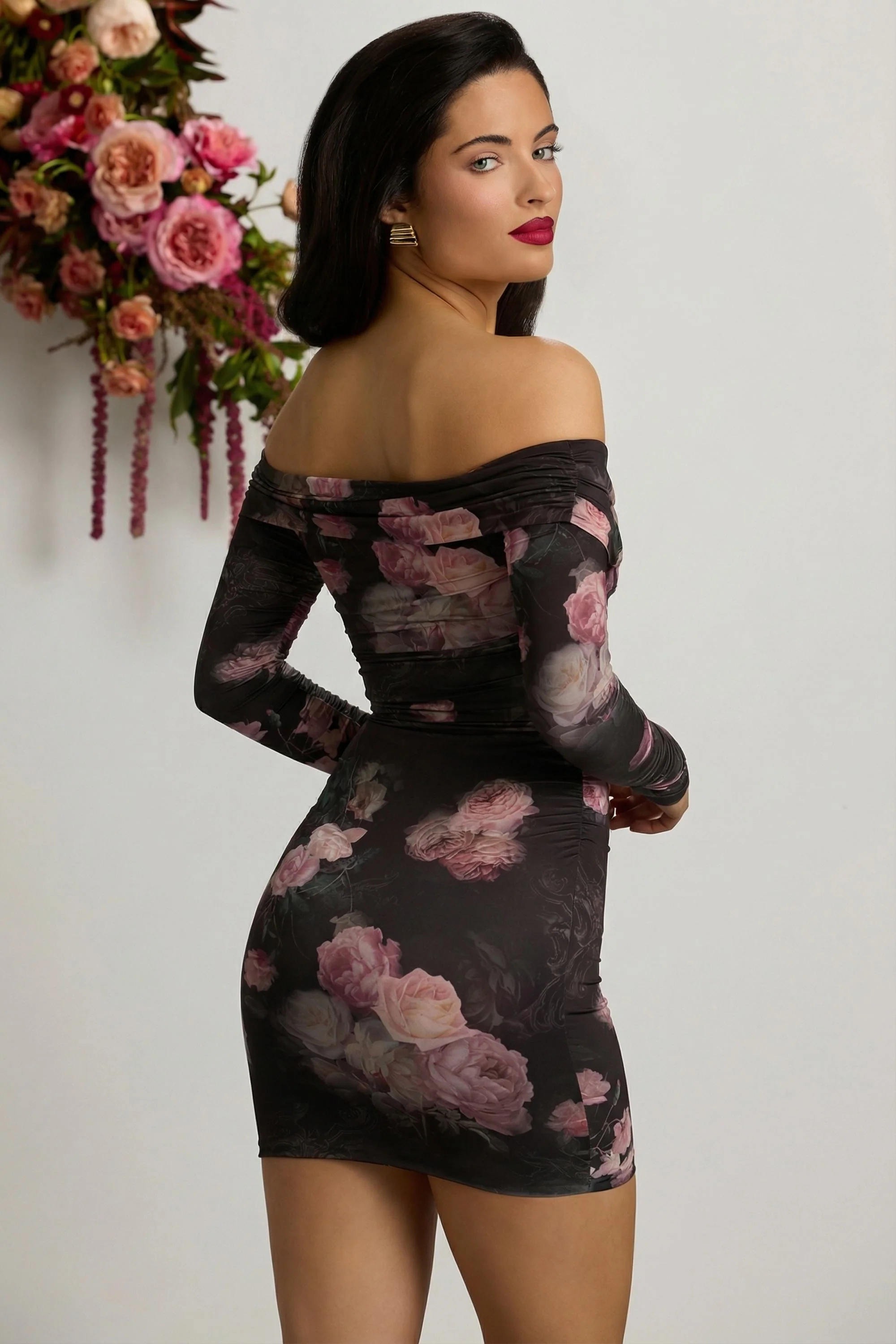 Off-Shoulder Ruched Bodycon Mini Dress in Black Floral Print - Image 13