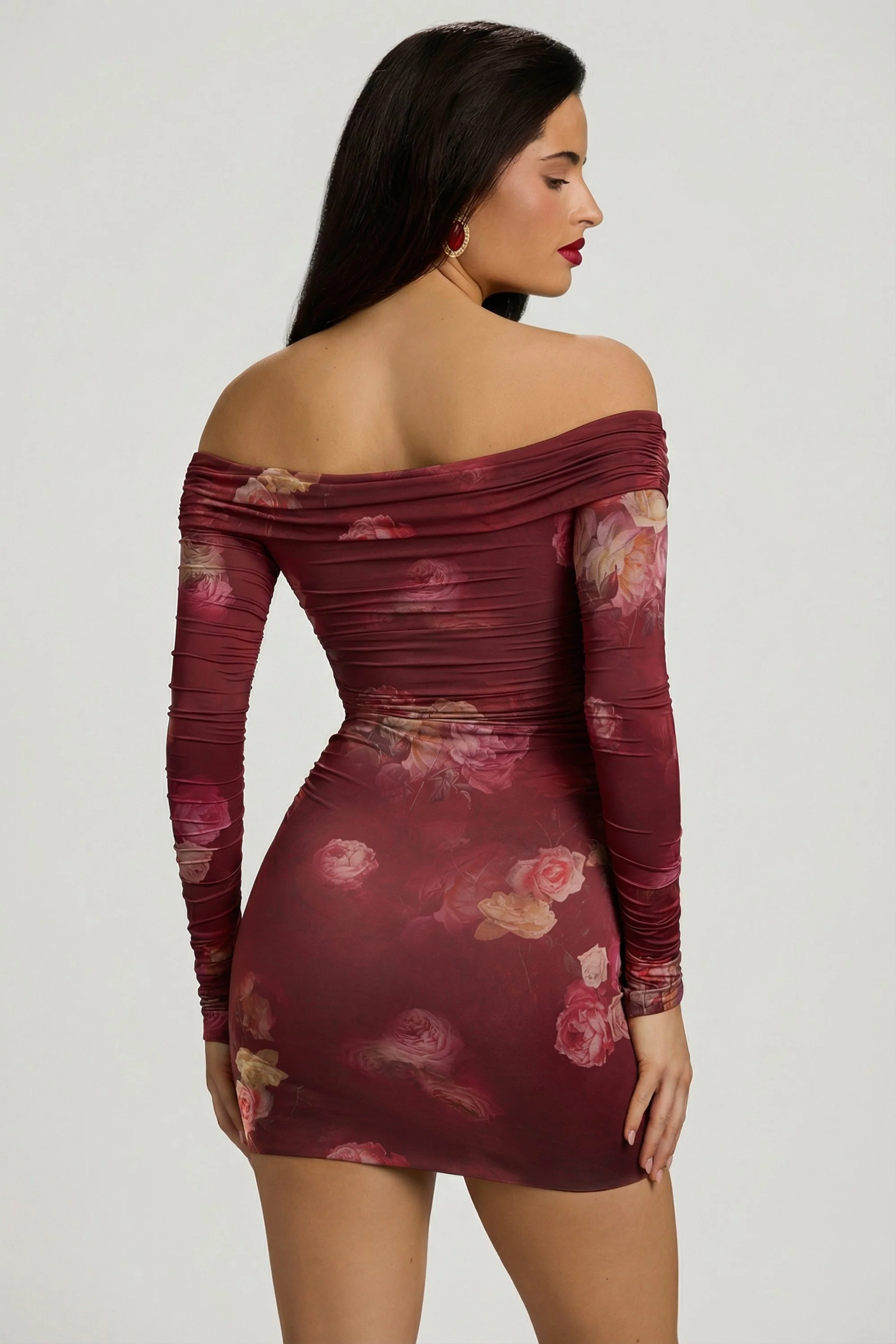 Off-Shoulder Ruched Bodycon Mini Dress in Maroon Floral Print - Image 10