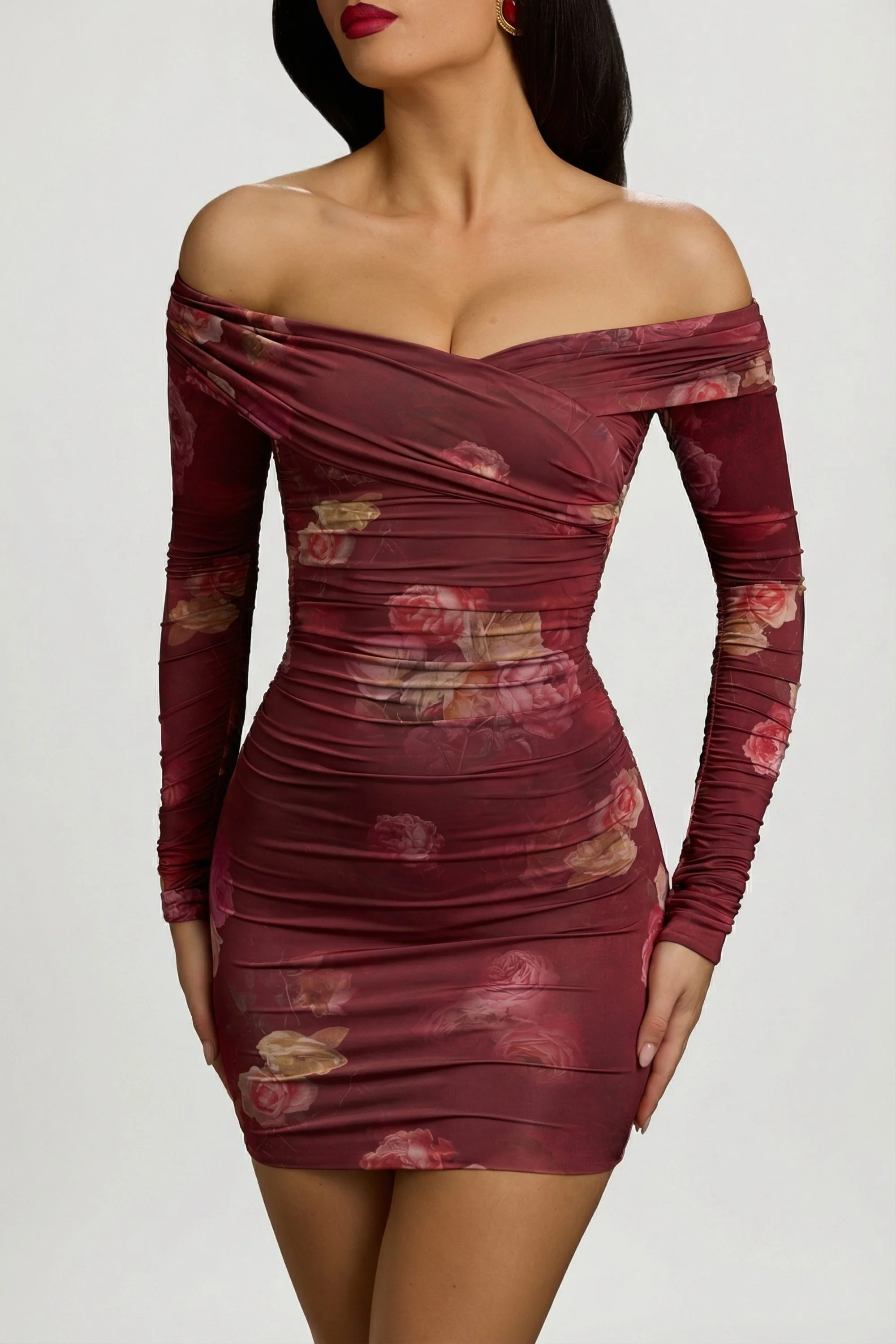Off-Shoulder Ruched Bodycon Mini Dress in Maroon Floral Print - Image 11
