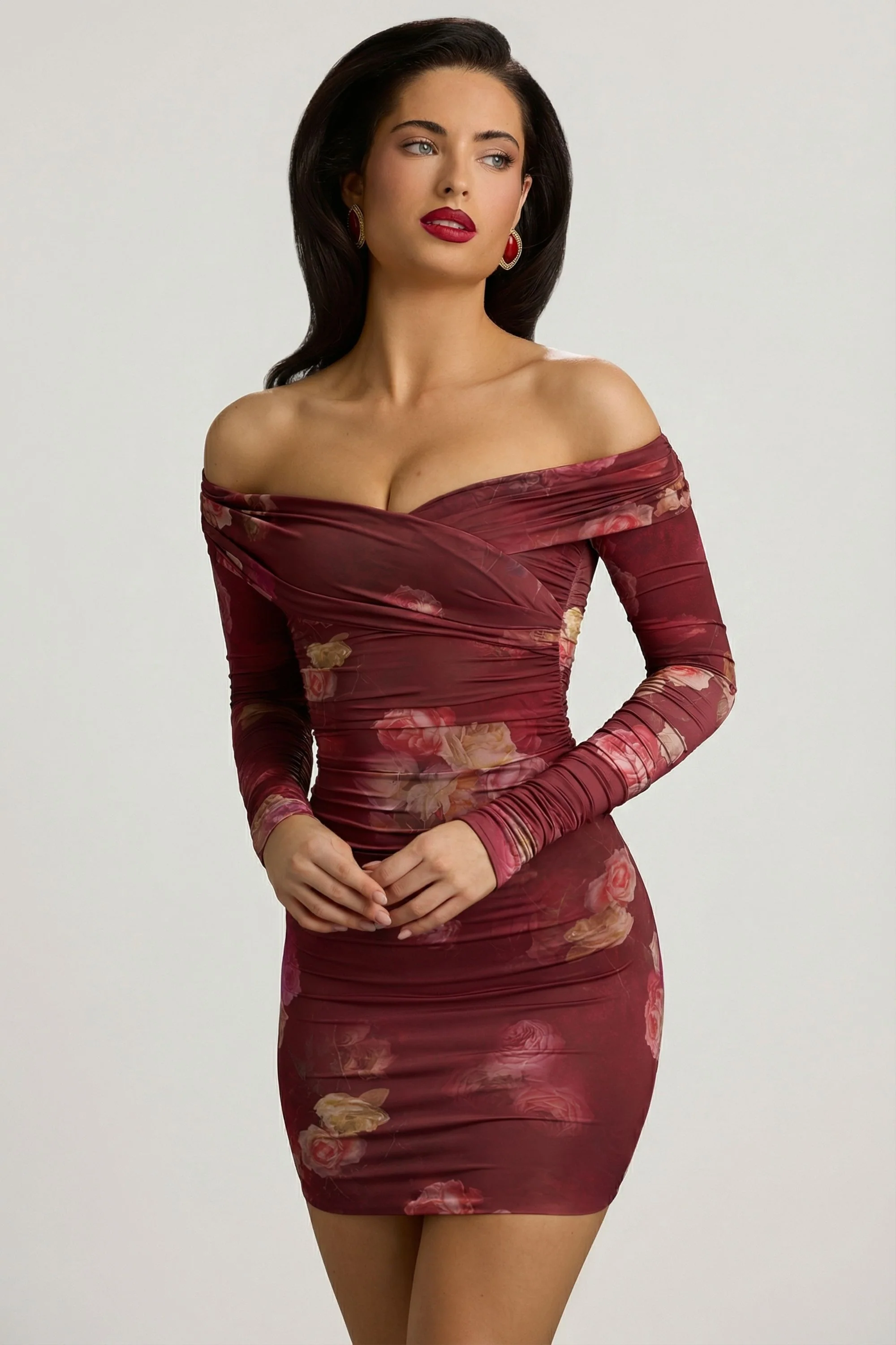 Off-Shoulder Ruched Bodycon Mini Dress in Maroon Floral Print - Image 15