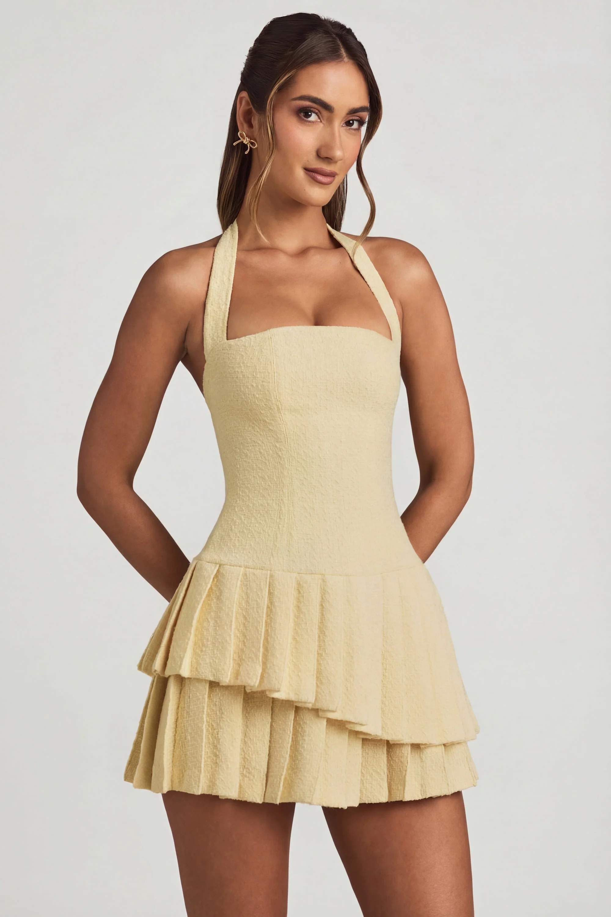 Asymmetric Layered Halterneck Mini Dress in Pastel Yellow - Image 5