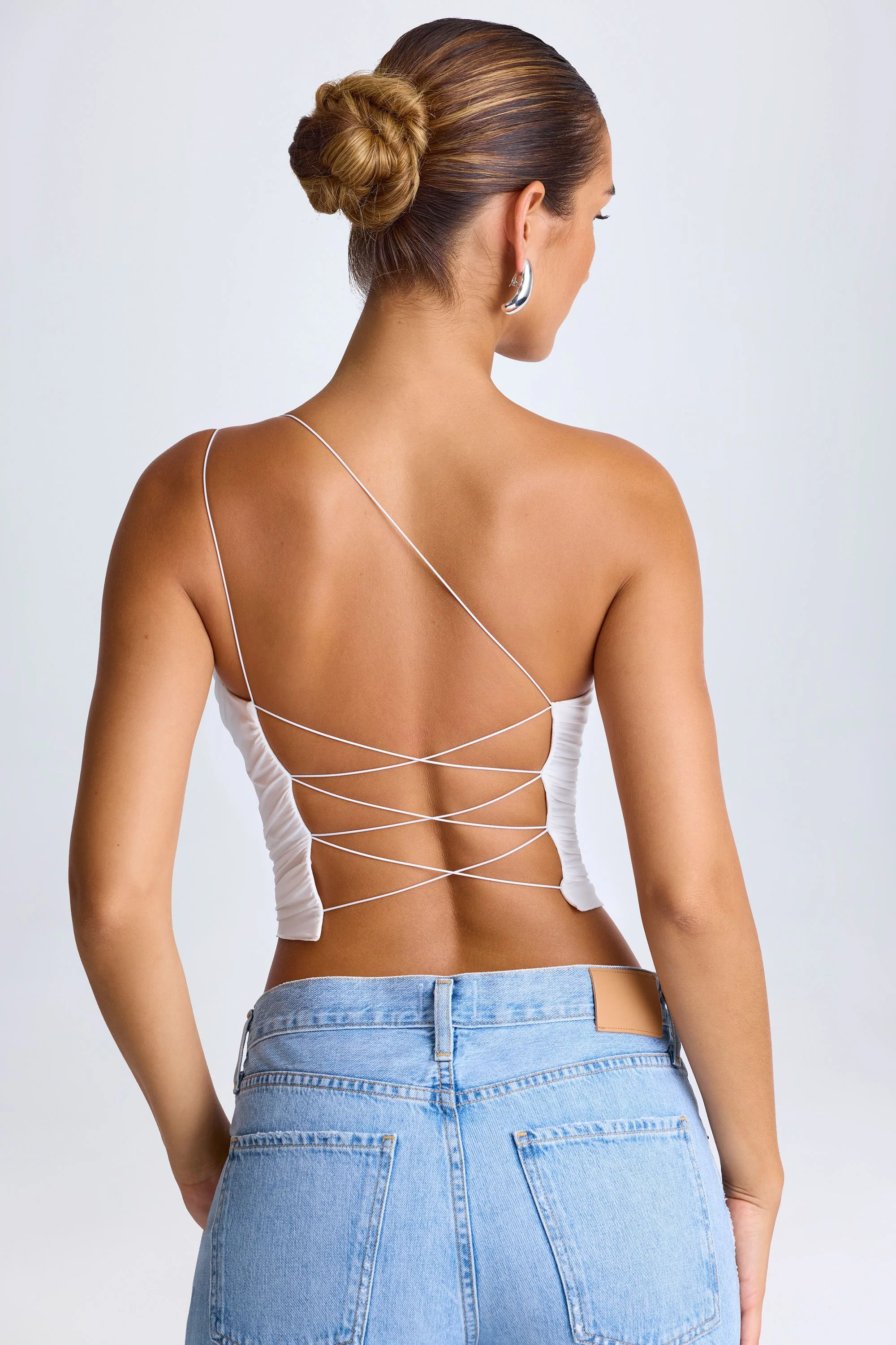 One-Shoulder Lace-Up Top in White - Image 3
