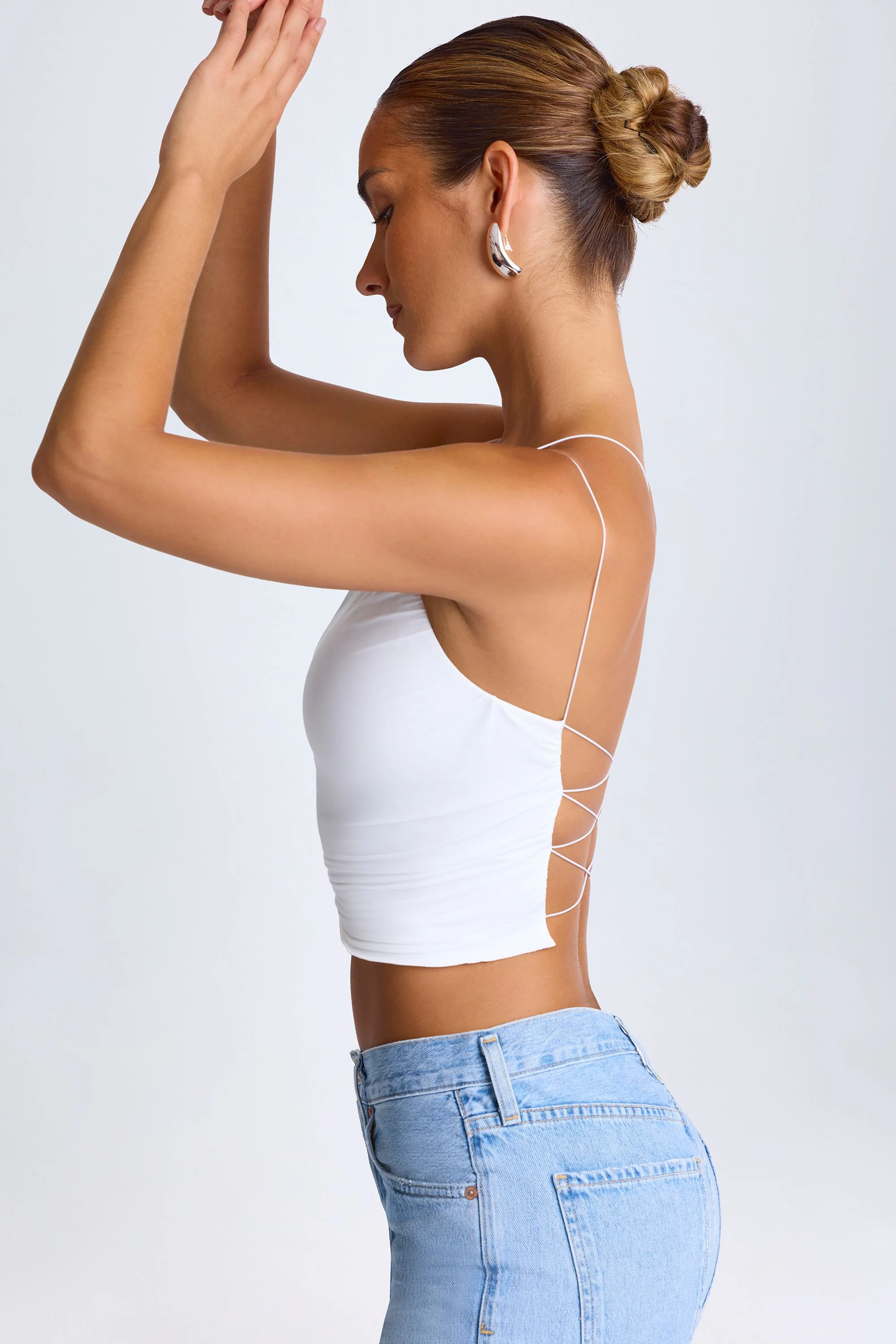 One-Shoulder Lace-Up Top in White - Image 4
