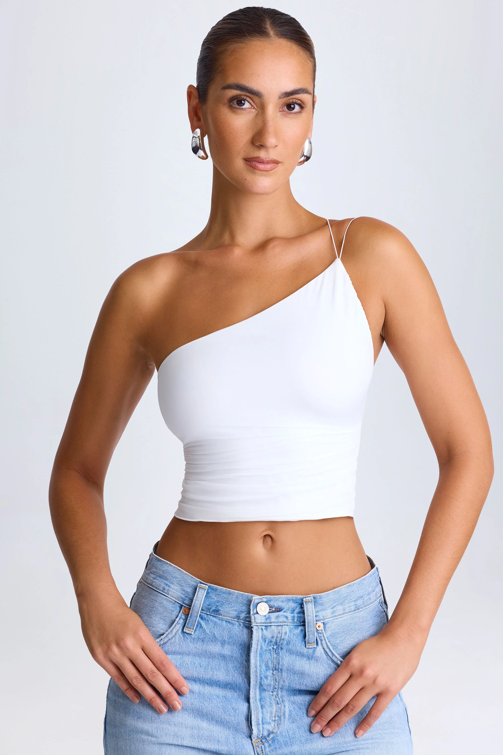 One-Shoulder Lace-Up Top in White - Image 6
