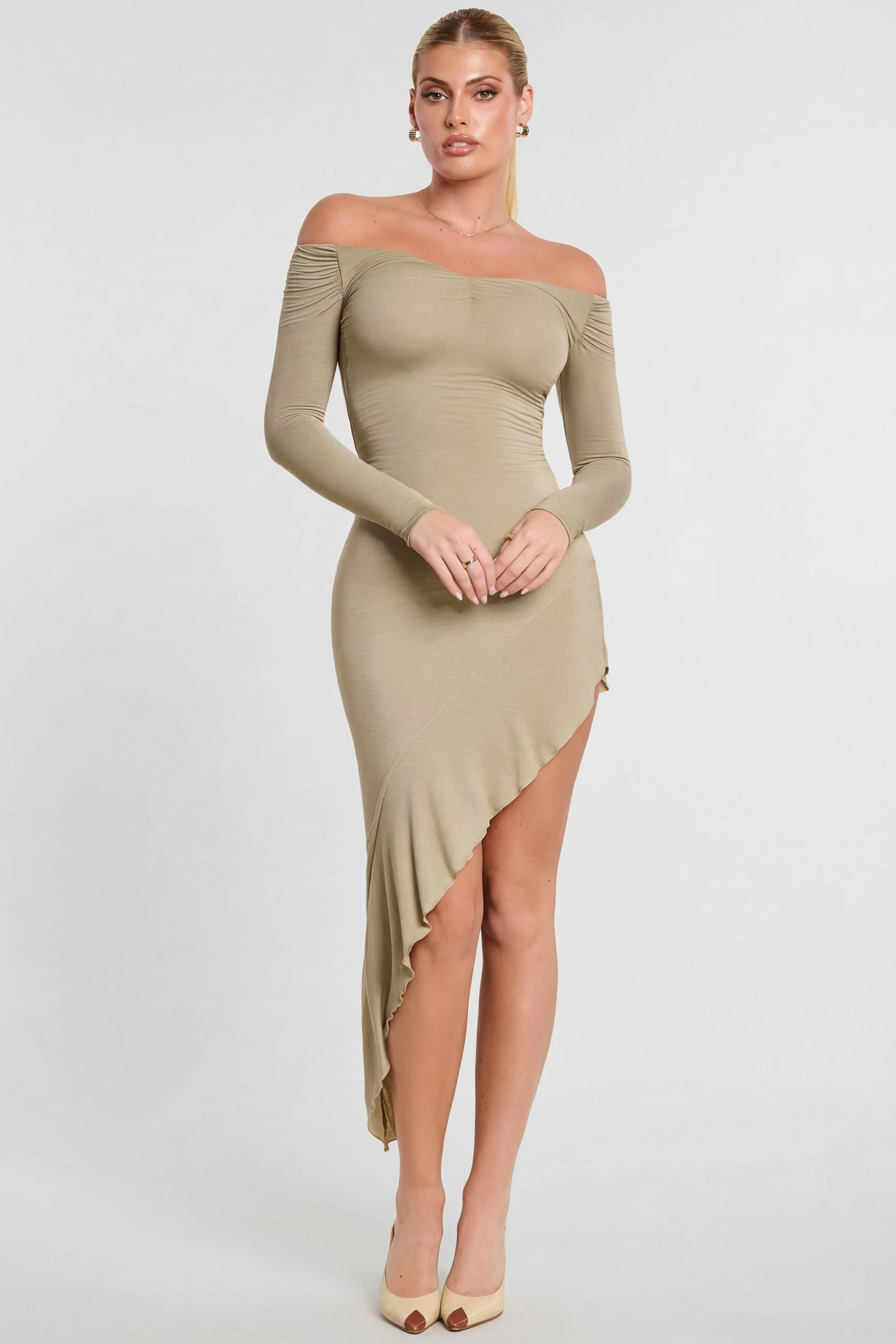 Long Sleeve Off-The-Shoulder Modal Cashmere Blend Maxi Dress in Taupe - Image 7