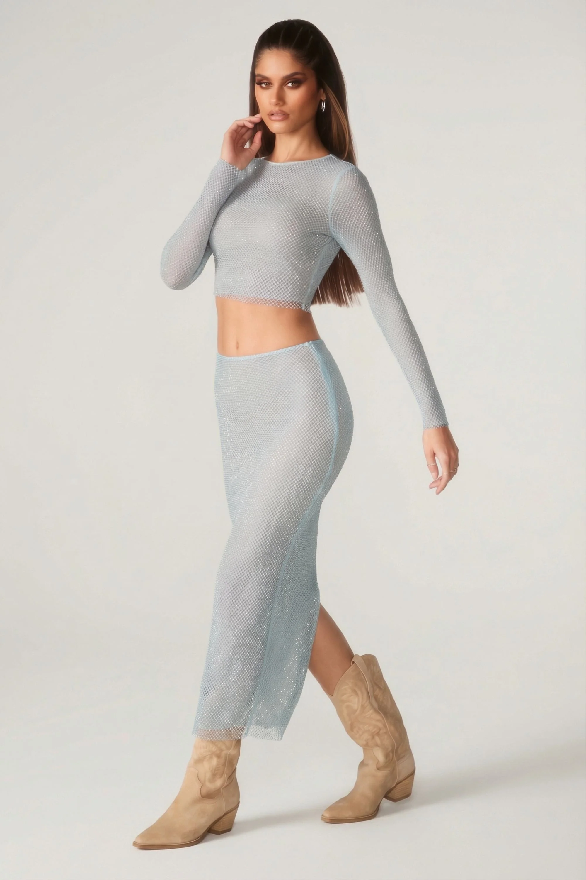 Embellished Low Rise Maxi Skirt in Aqua - Image 3