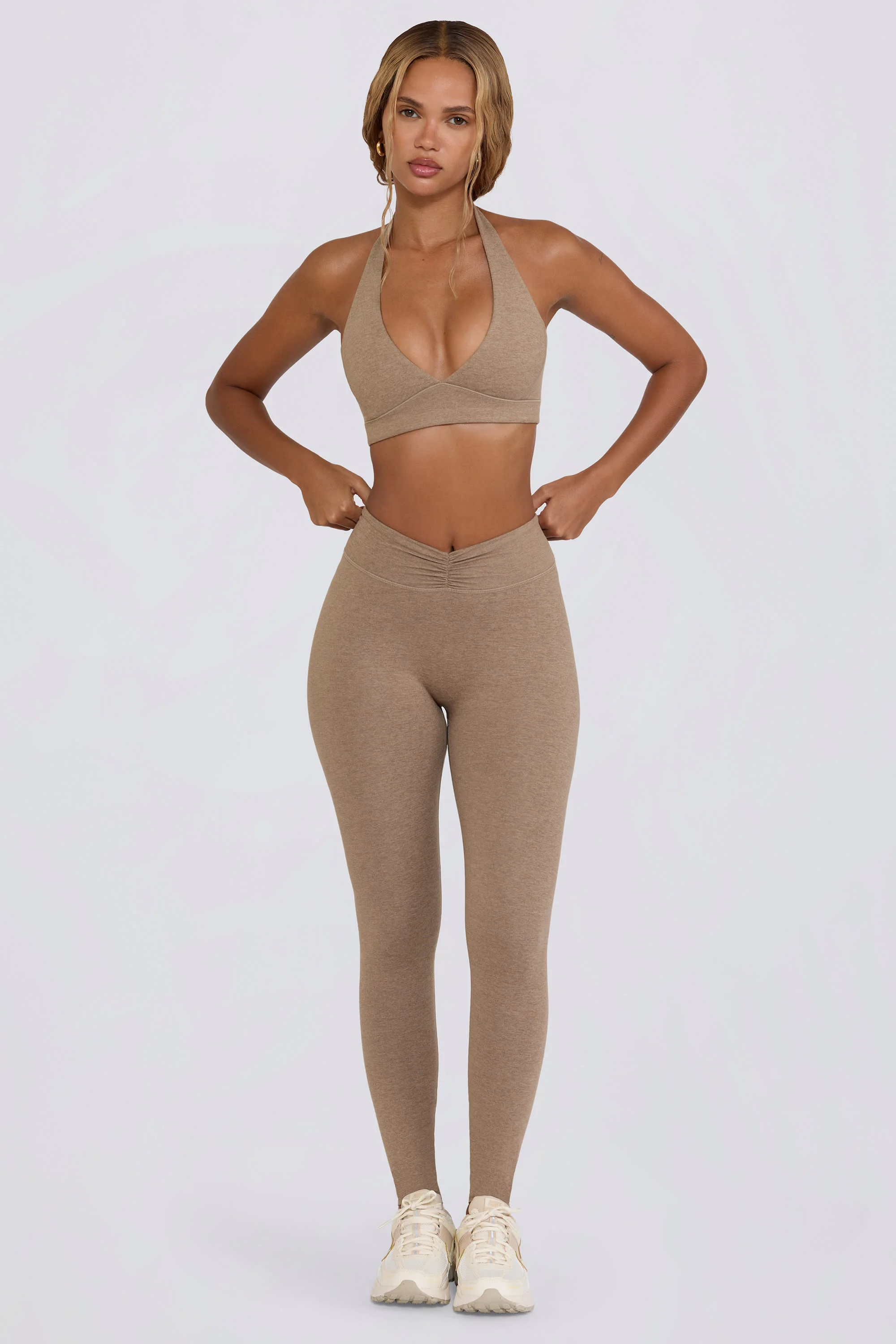 Brushed Jersey Ruched Mid-Rise Leggings in Mocha Marl - Image 2