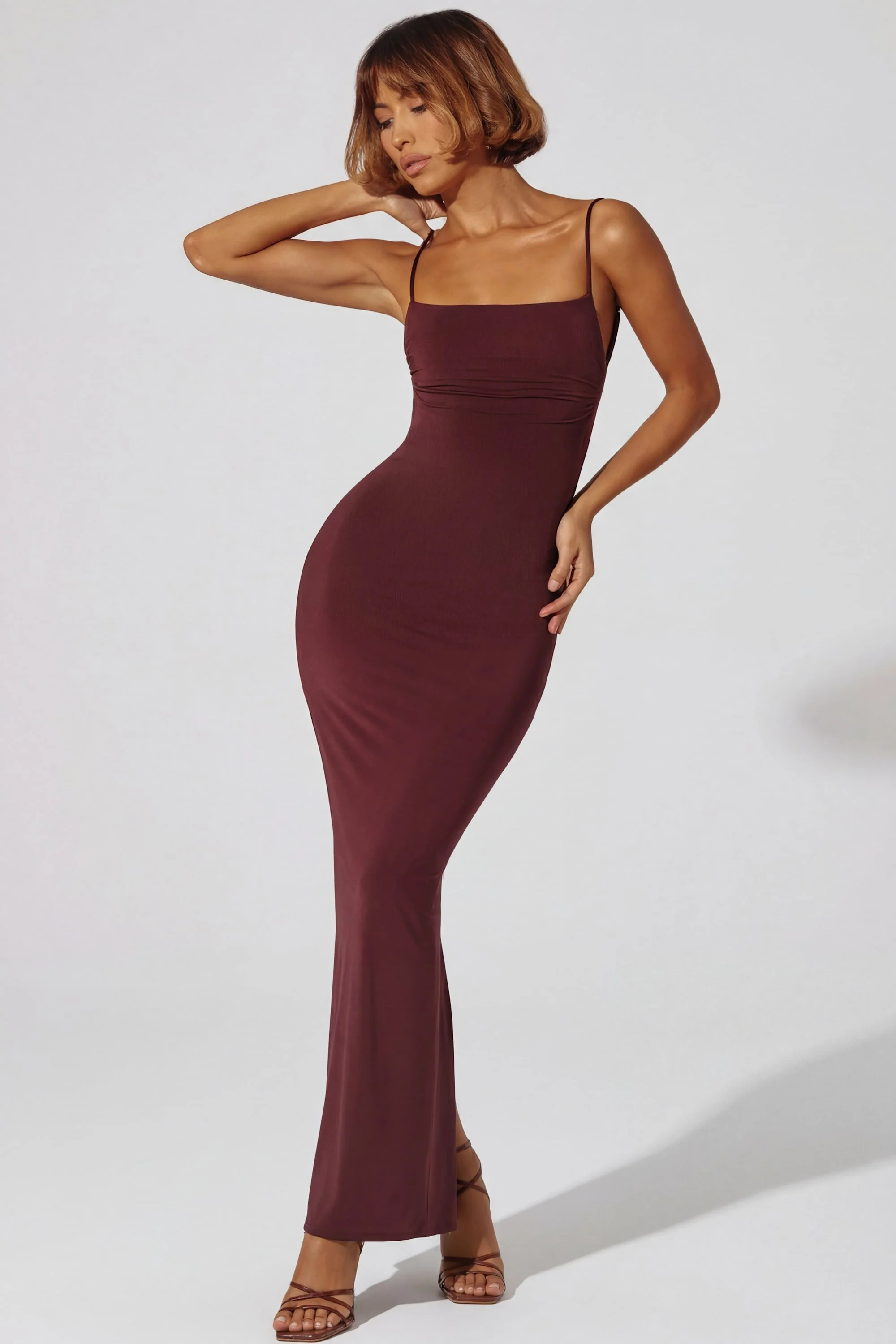 Ruched Bodycon Maxi Dress in Brown - Image 5