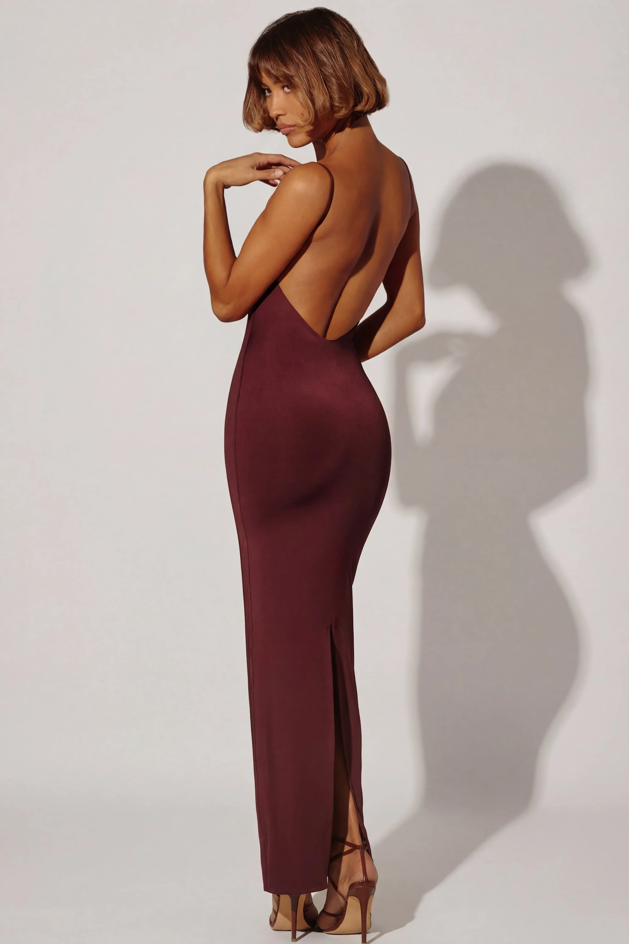 Ruched Bodycon Maxi Dress in Brown - Image 9
