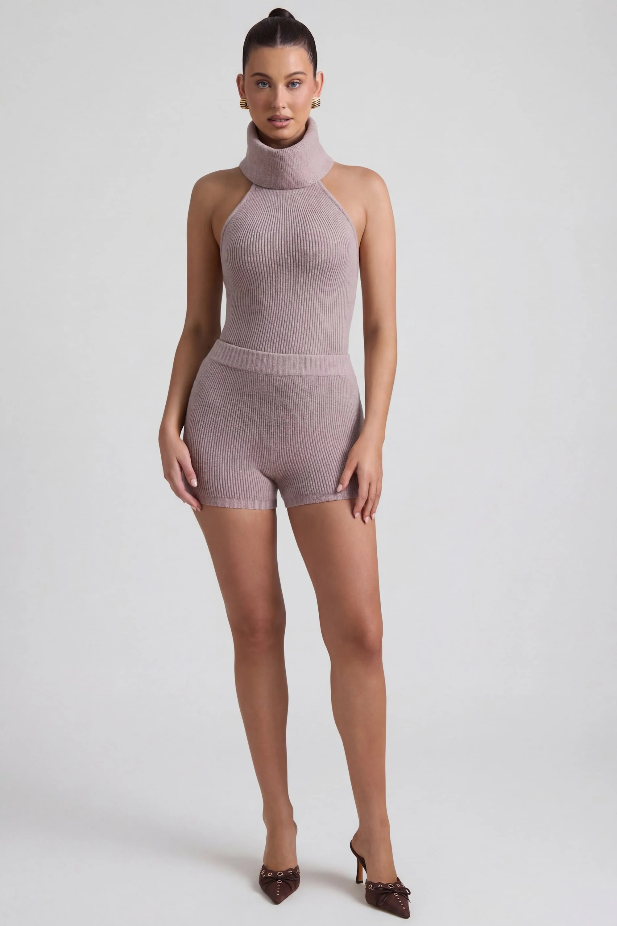 Ribbed-Knit Shorts in Taupe - Image 5