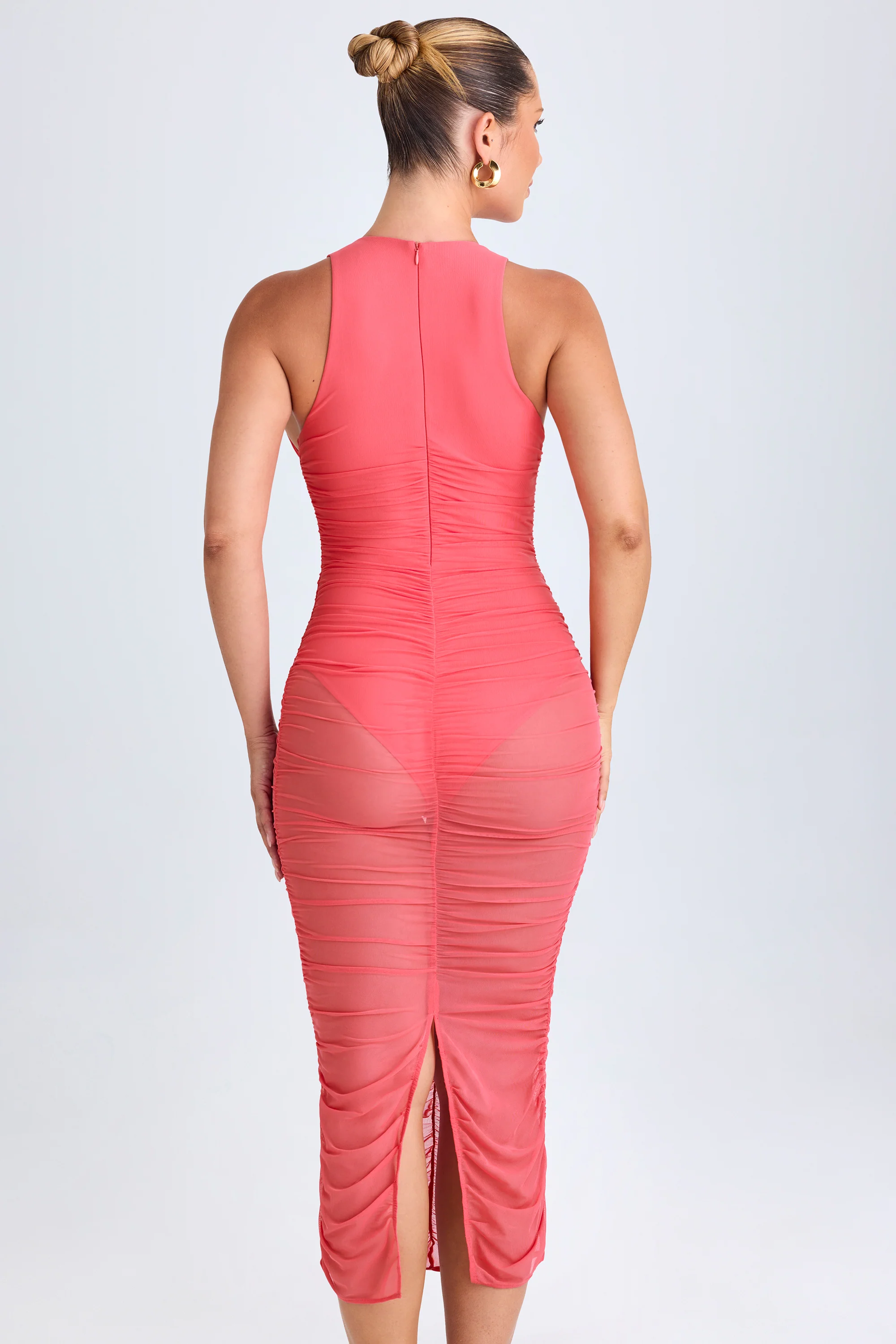Ruched Plunge Midaxi Dress in Coral - Image 2