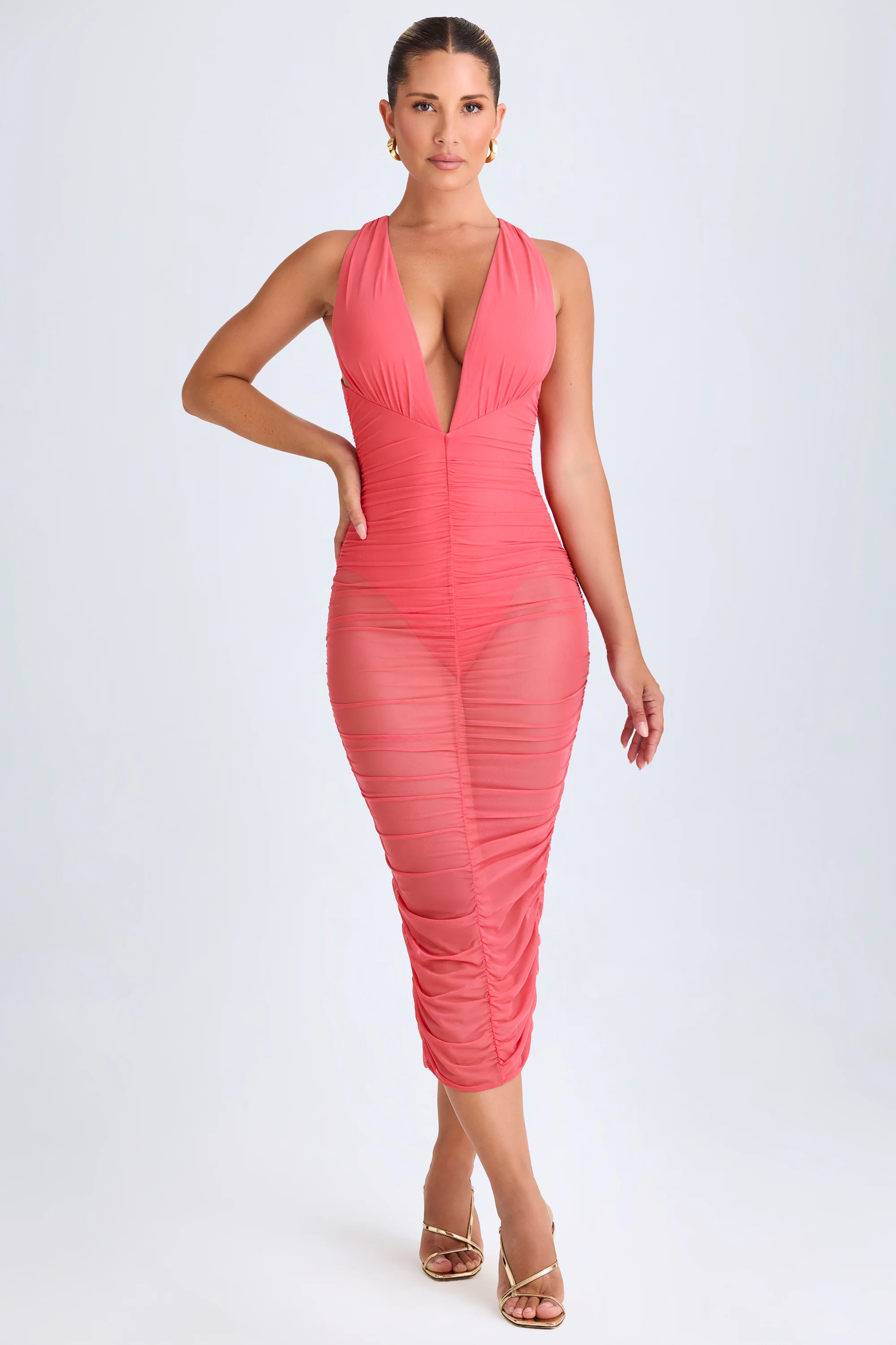Ruched Plunge Midaxi Dress in Coral - Image 4