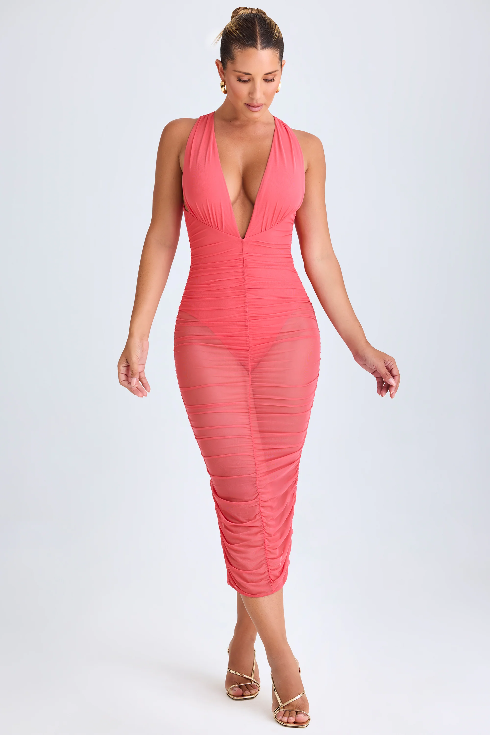 Ruched Plunge Midaxi Dress in Coral - Image 5