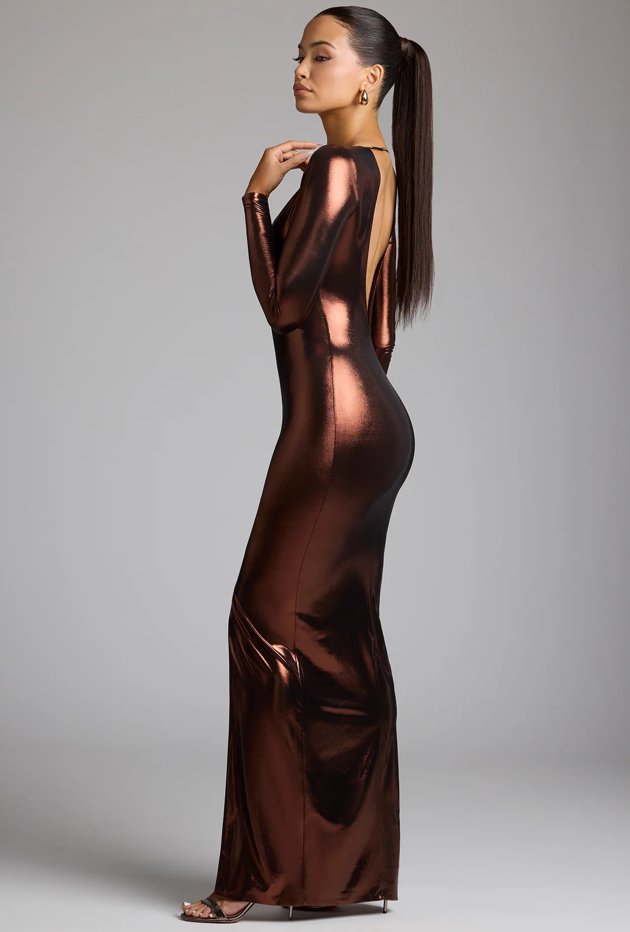 Long Sleeve Metallic Jersey Evening Gown in Copper Bronze - Image 3